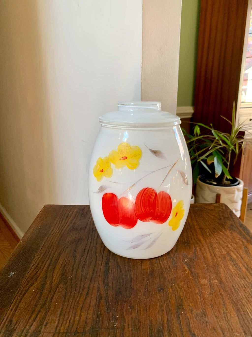 Vtg Bartlett Collins White Glass Hand Painted Cookie Jar | Bartlett Collins Cookie Jar | Hand Painted Fruit and Flowers Glass Jar