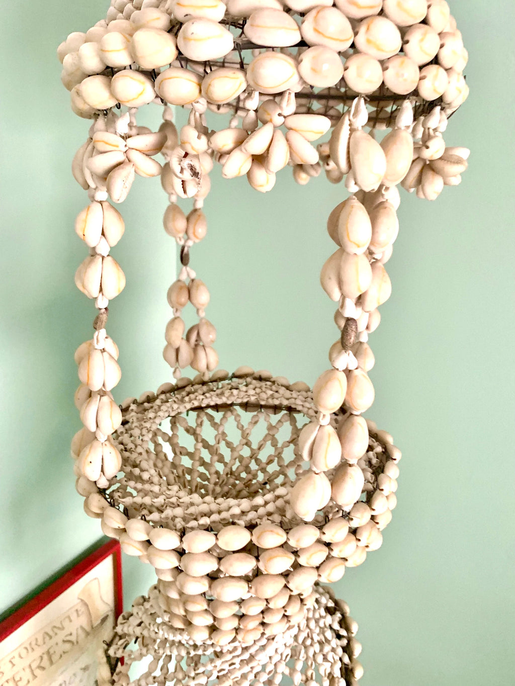 Vtg Seashell Cowrie Plant Hanger | 43" Tiered Cowrie Hanging Planter | Mid Century Seashell Cowrie Macrame Plant Holder | Boho Planter