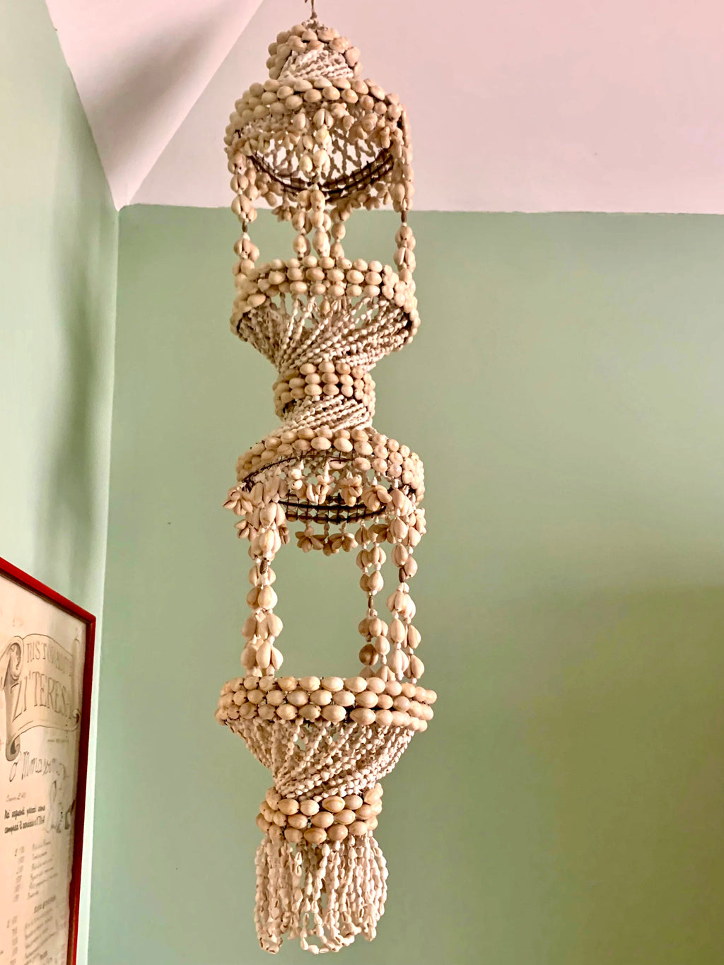 Vtg Seashell Cowrie Plant Hanger | 43" Tiered Cowrie Hanging Planter | Mid Century Seashell Cowrie Macrame Plant Holder | Boho Planter