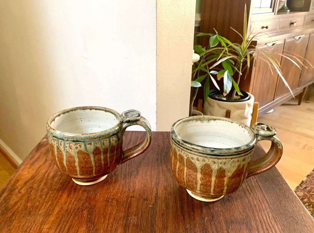 Vtg Pair Of Artisan Coffee Mugs  | Ceramic Coffee Mugs | Pottery Mugs  | Unique Glaze Coffee Mugs | Two Glazed Stoneware Cups