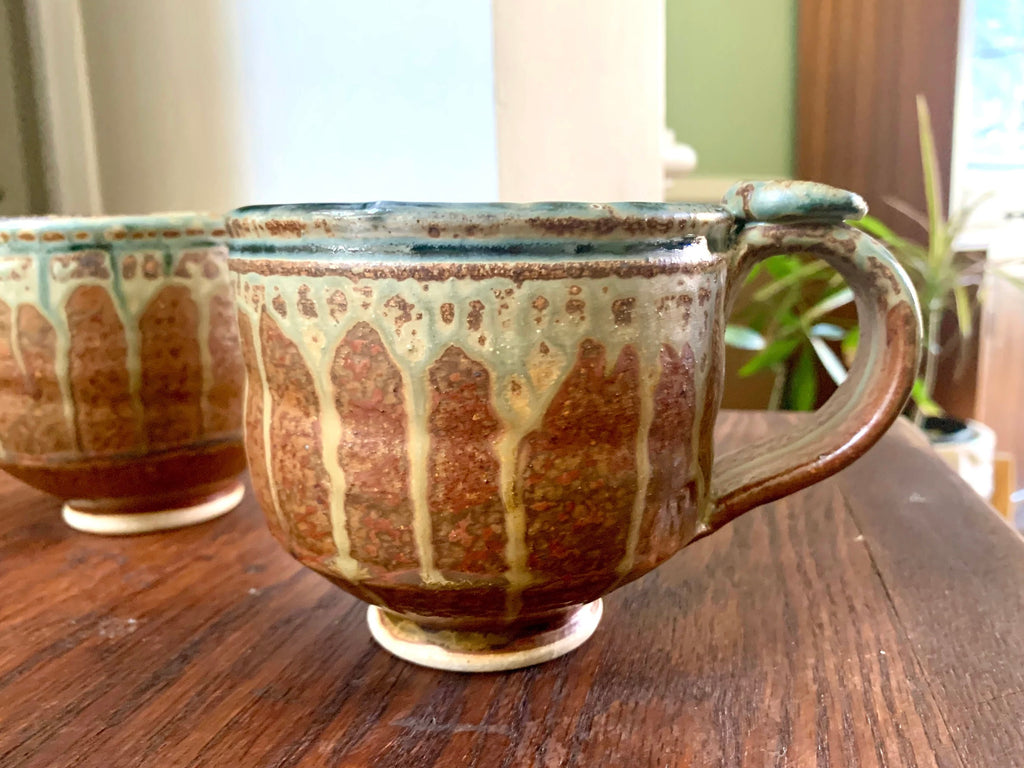 Vtg Pair Of Artisan Coffee Mugs  | Ceramic Coffee Mugs | Pottery Mugs  | Unique Glaze Coffee Mugs | Two Glazed Stoneware Cups