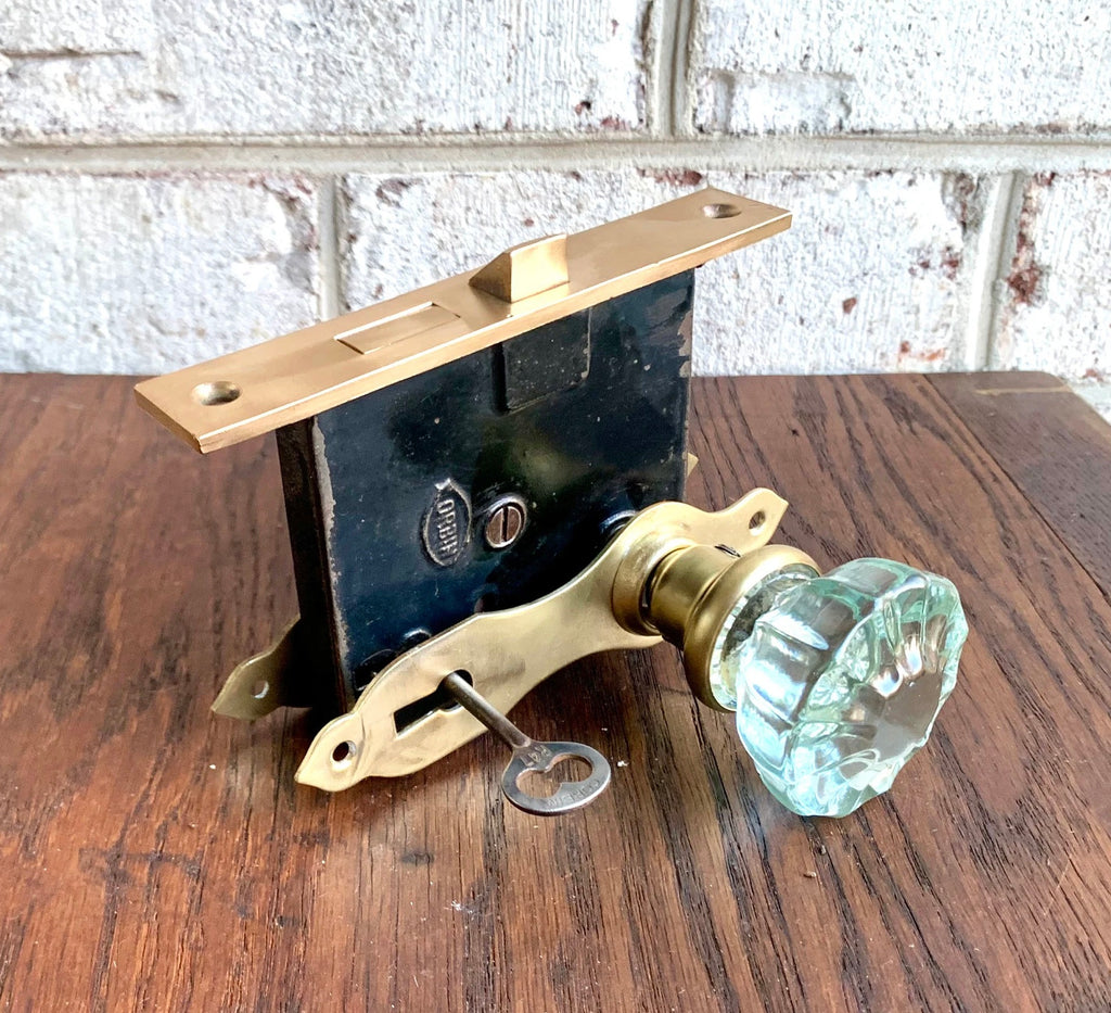 Antique Corbin Door Knobs and Lock Assembly | Complete Brass Door Knob Latch Assembly with Key | Restorer's Door Lock Assembly | Crystal Knobs