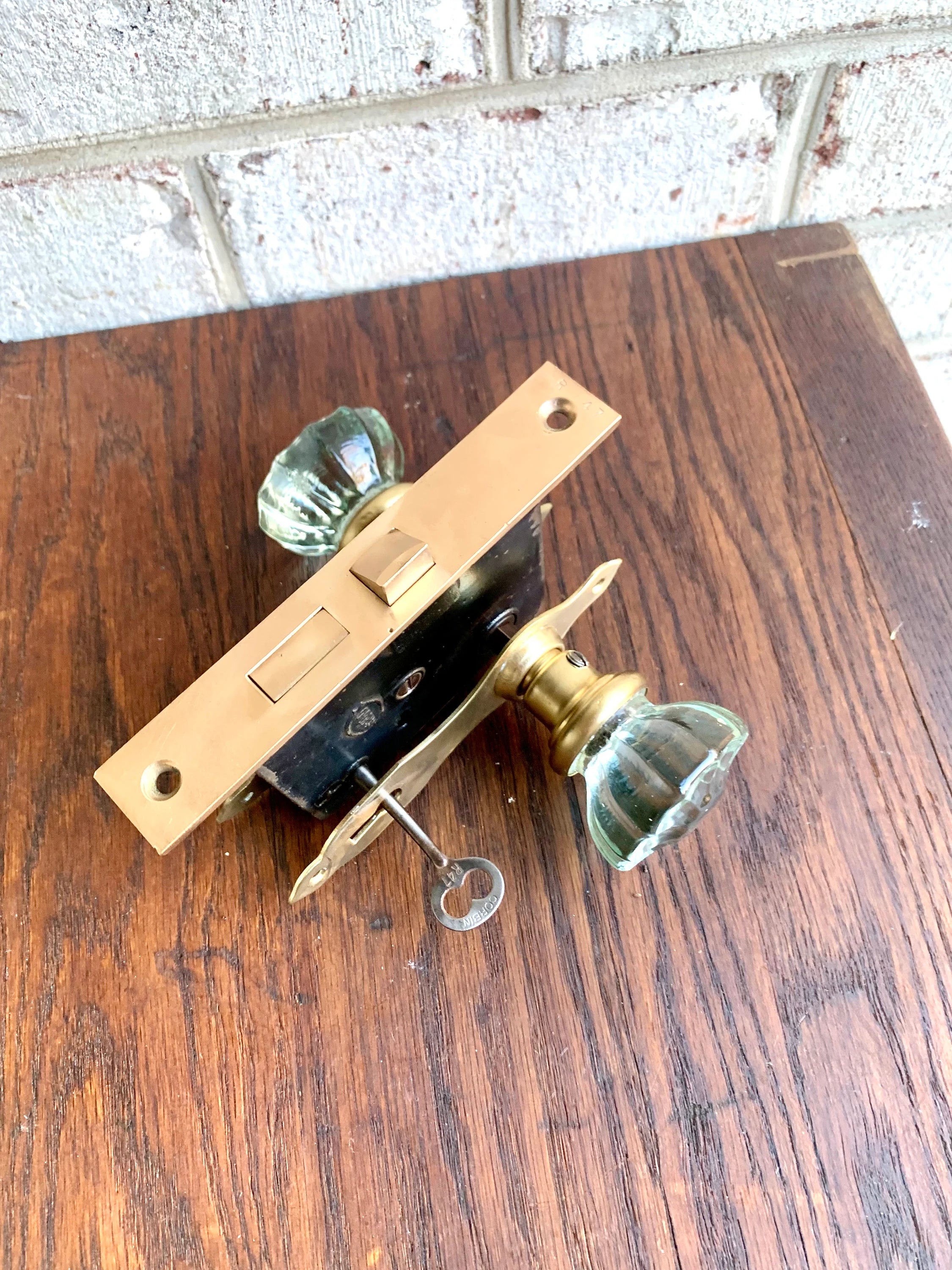 Antique Corbin Door Knobs and Lock Assembly | Complete Brass Door Knob Latch Assembly with Key | Restorer's Door Lock Assembly | Crystal Knobs