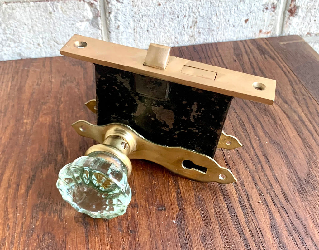 Antique Corbin Door Knobs and Lock Assembly | Complete Brass Door Knob Latch Assembly with Key | Restorer's Door Lock Assembly | Crystal Knobs