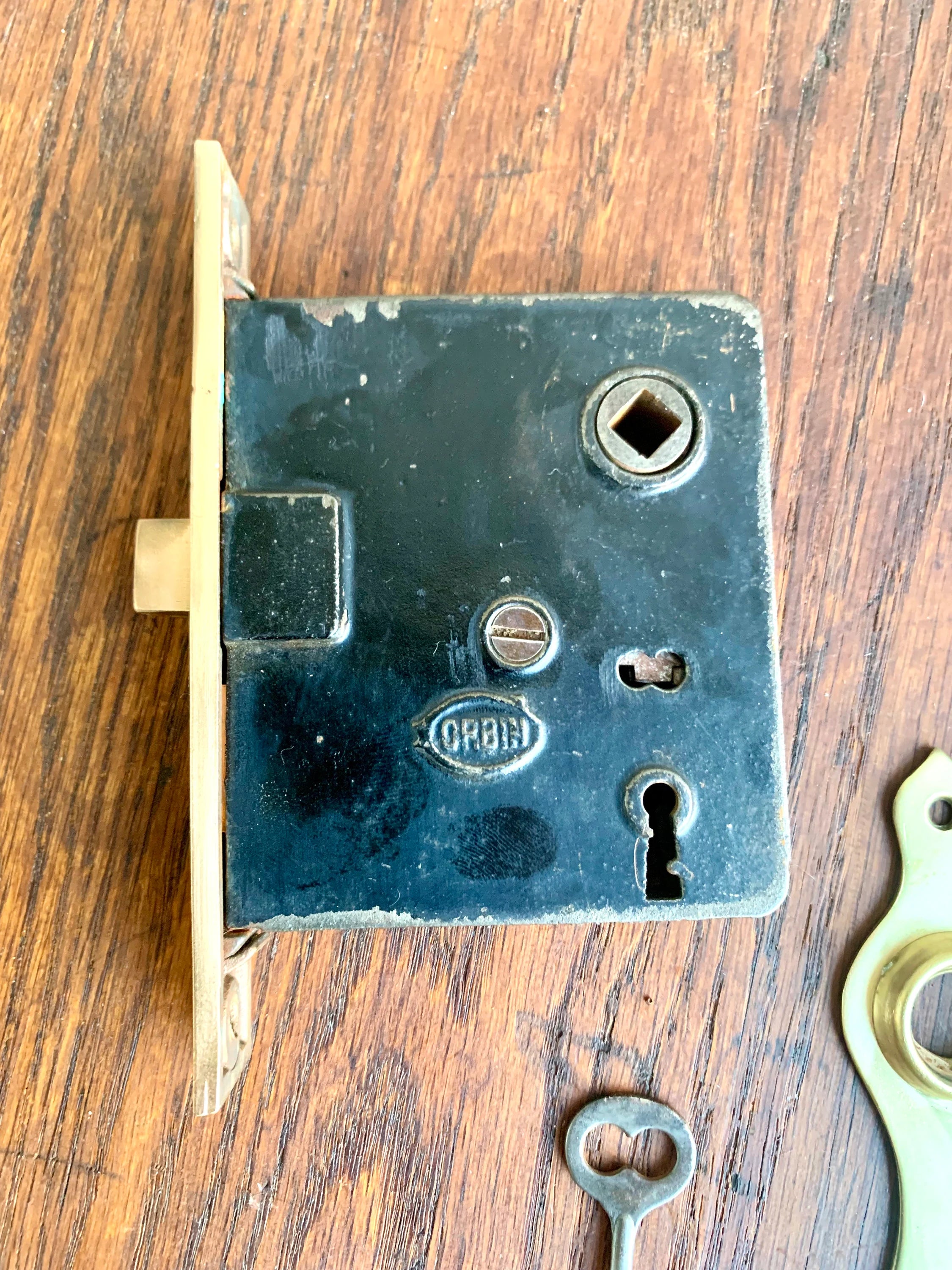 Antique Corbin Door Knobs and Lock Assembly | Complete Brass Door Knob Latch Assembly with Key | Restorer's Door Lock Assembly | Crystal Knobs