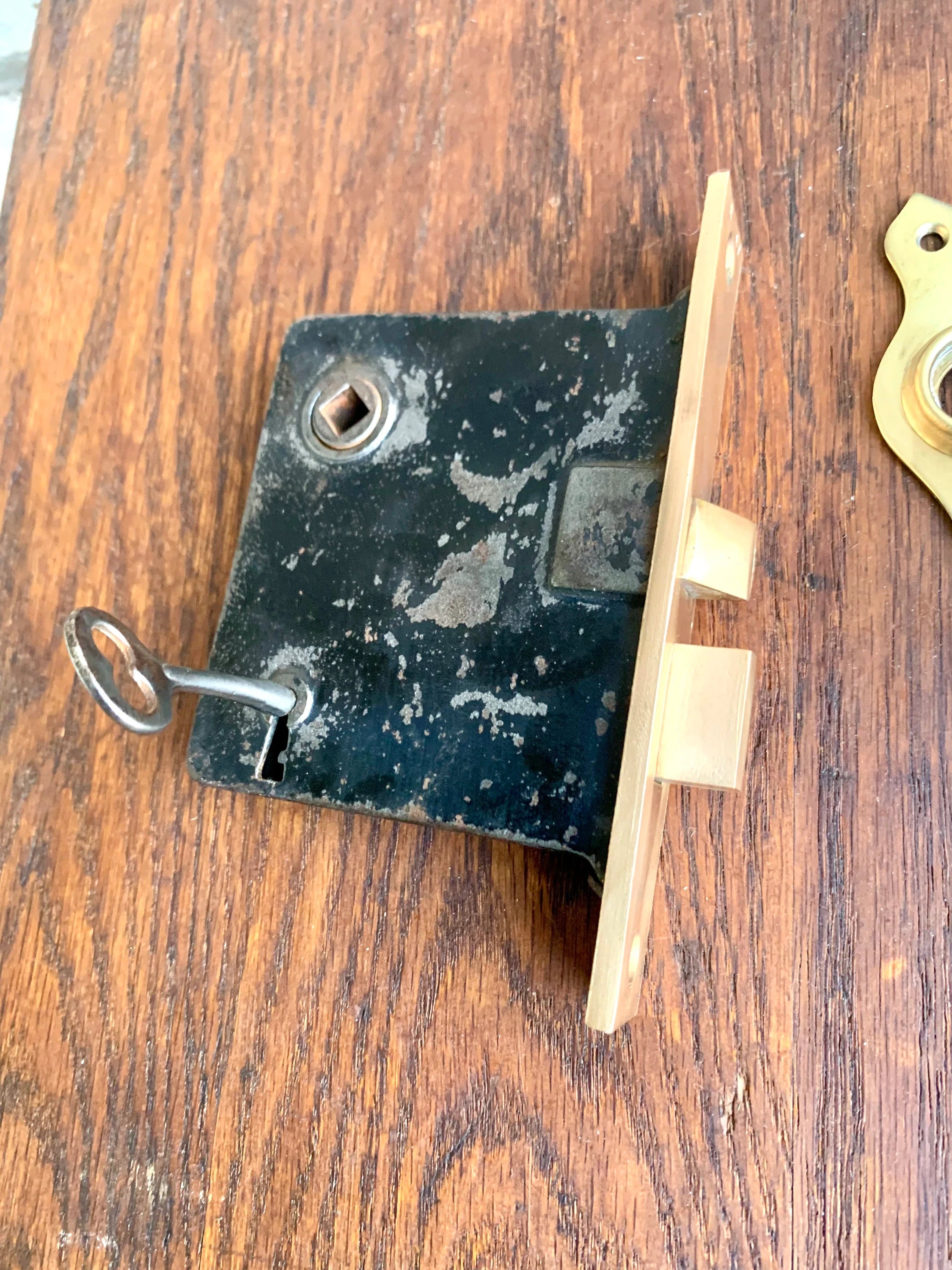 Antique Corbin Door Knobs and Lock Assembly | Complete Brass Door Knob Latch Assembly with Key | Restorer's Door Lock Assembly | Crystal Knobs