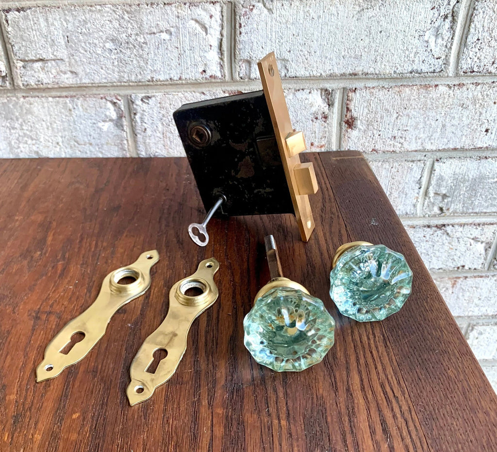 Antique Corbin Door Knobs and Lock Assembly | Complete Brass Door Knob Latch Assembly with Key | Restorer's Door Lock Assembly | Crystal Knobs