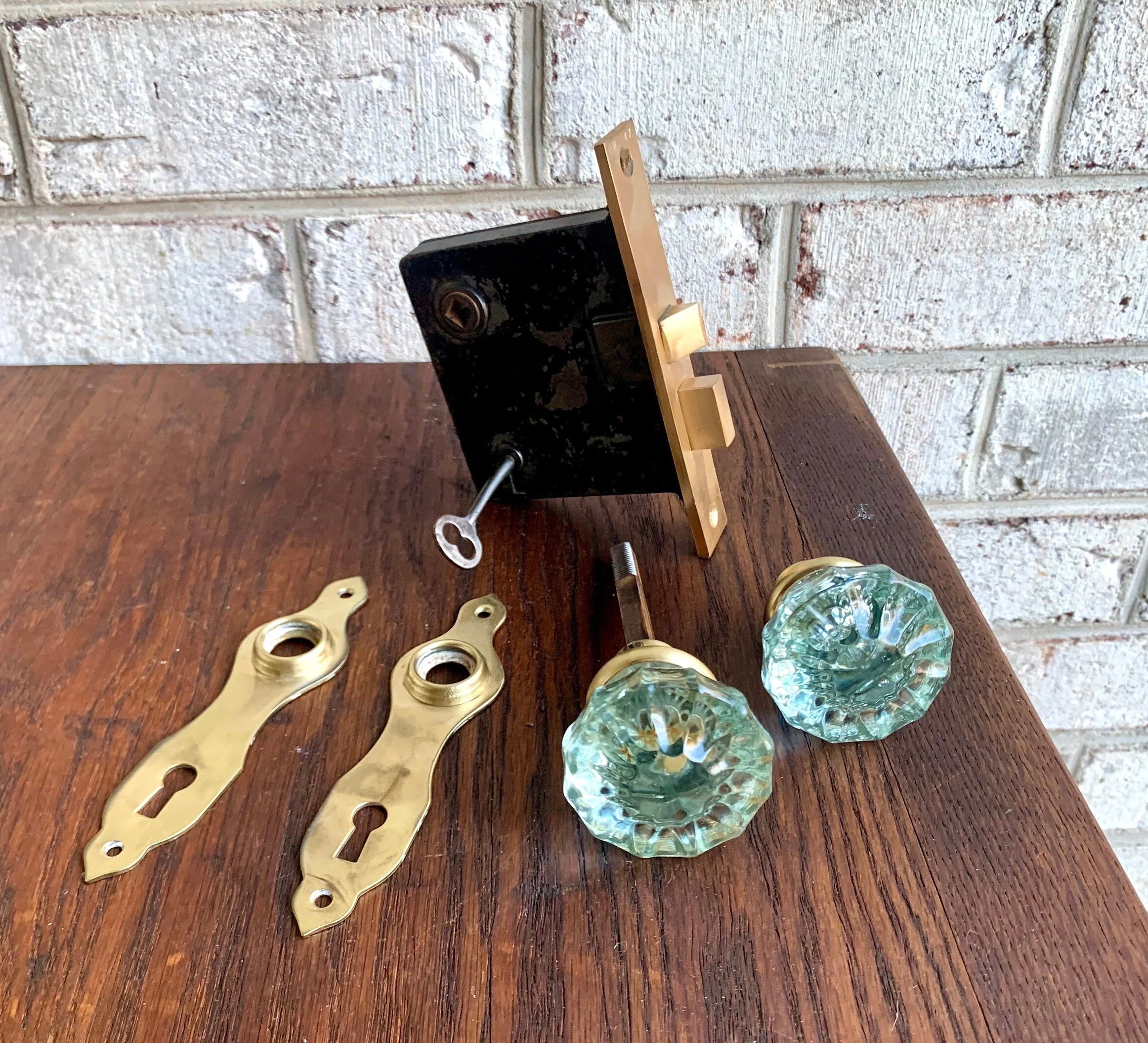 Antique Corbin Door Knobs and Lock Assembly | Complete Brass Door Knob Latch Assembly with Key | Restorer's Door Lock Assembly | Crystal Knobs