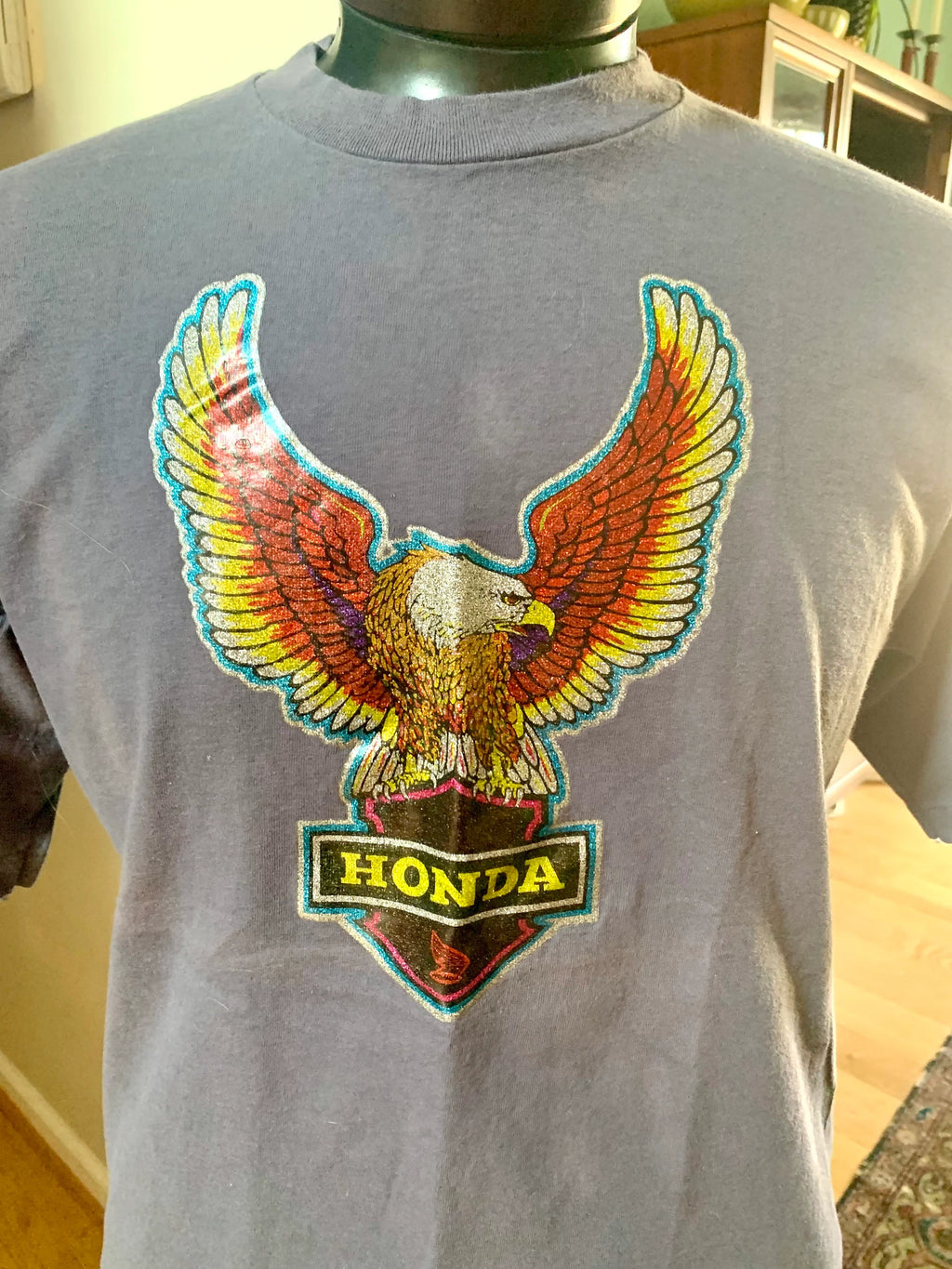 Vtg Honda Single Stitch T-shirt | Sparkle Eagle Honda Shield T-Shirt | Honda Apparel T-Shirt | Gray Honda T-shirt | XL Honda Bald Eagle
