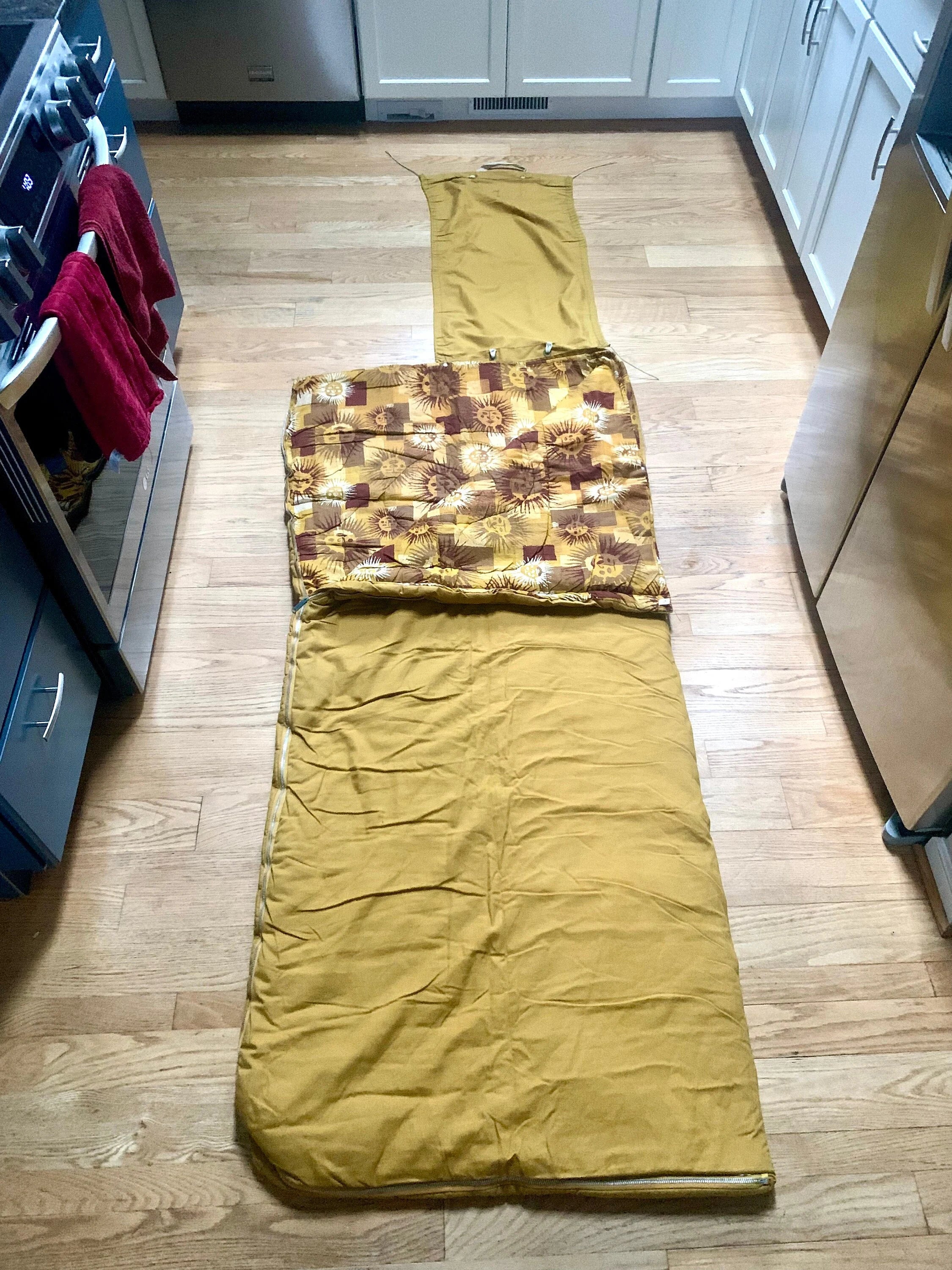 Vtg Coleman Sleeping Bag | Yellow Coleman Sleeping Bag | Coleman Aztec Sun Lion Line Sleeping Bag | Vintage Camping | 70's Coleman Bag