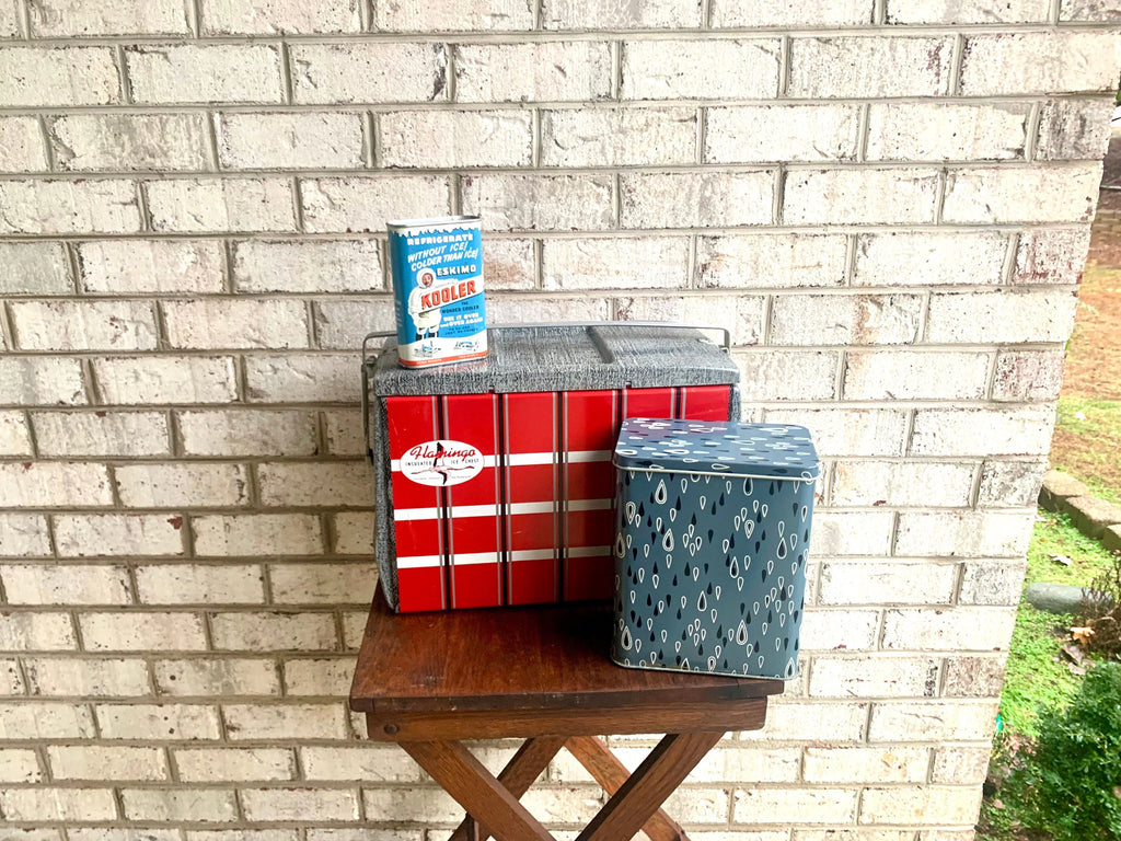 Vtg Flamingo Metal Ice Chest | Red Plaid Metal Ice Chest | Poloron Flamingo Insulated Ice Chest | Vtg Eskimo Kooler Ice Chest