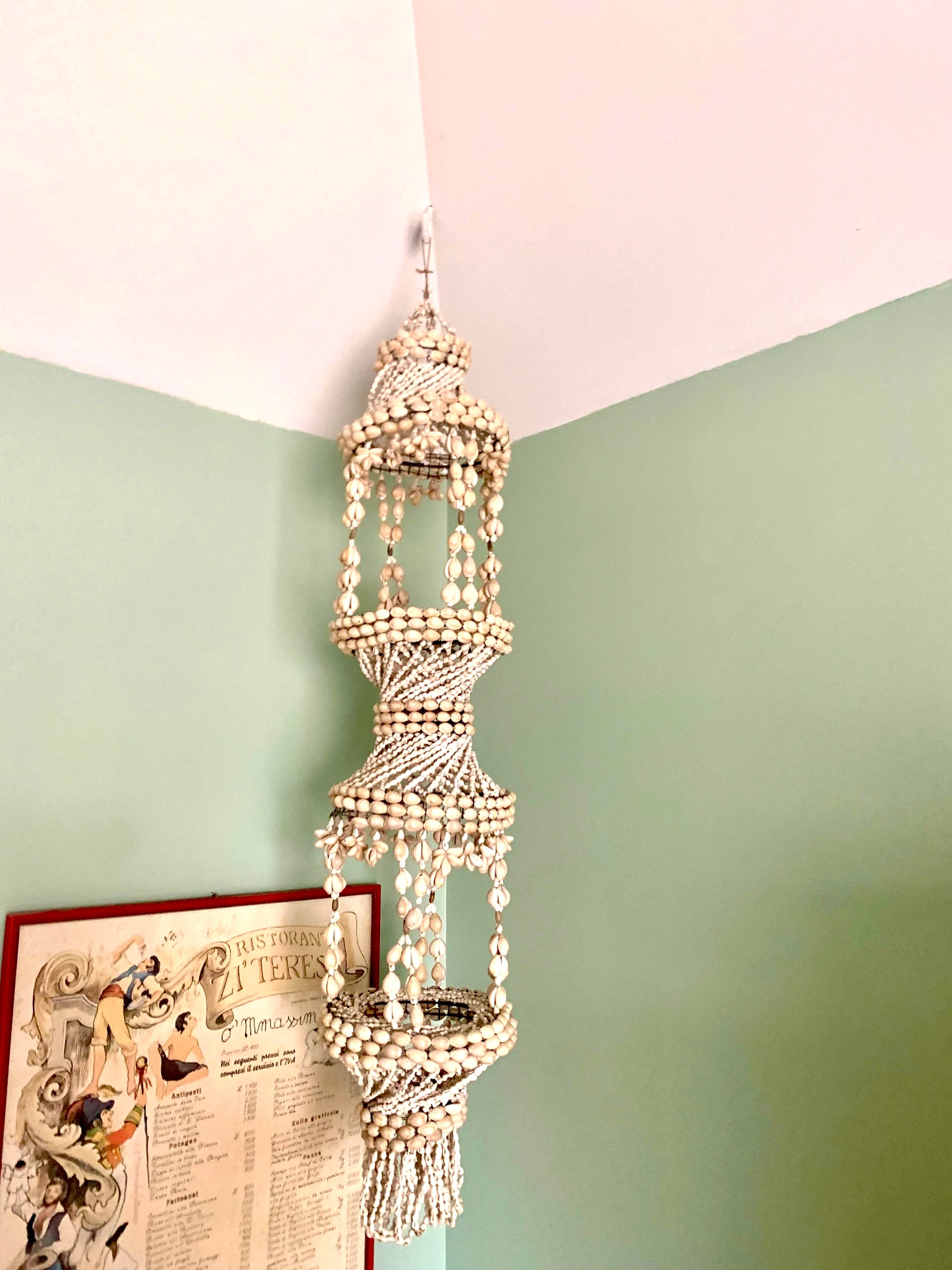 Vtg Seashell Cowrie Plant Hanger | 43" Tiered Cowrie Hanging Planter | Mid Century Seashell Cowrie Macrame Plant Holder | Boho Planter