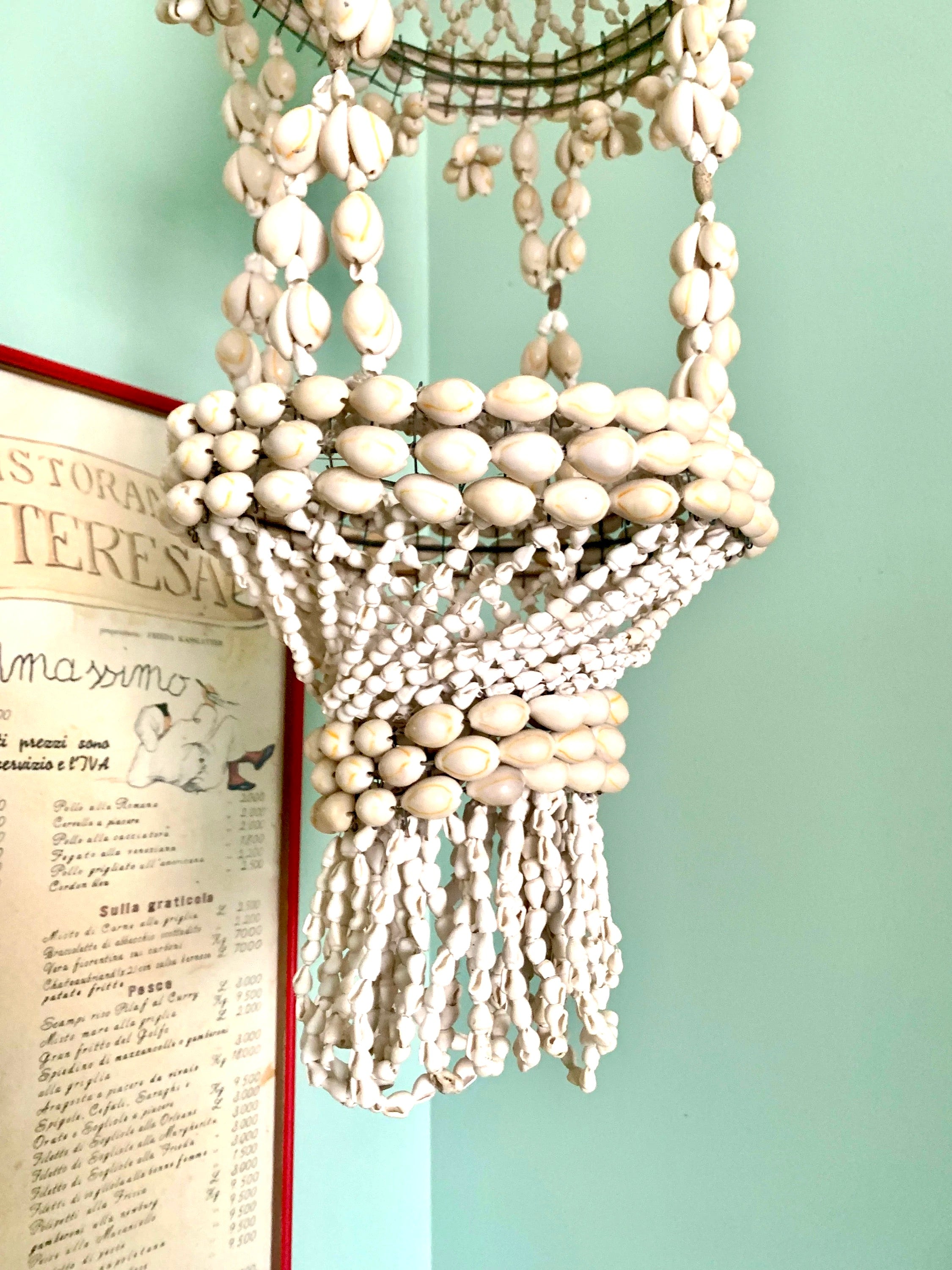 Vtg Seashell Cowrie Plant Hanger | 43" Tiered Cowrie Hanging Planter | Mid Century Seashell Cowrie Macrame Plant Holder | Boho Planter