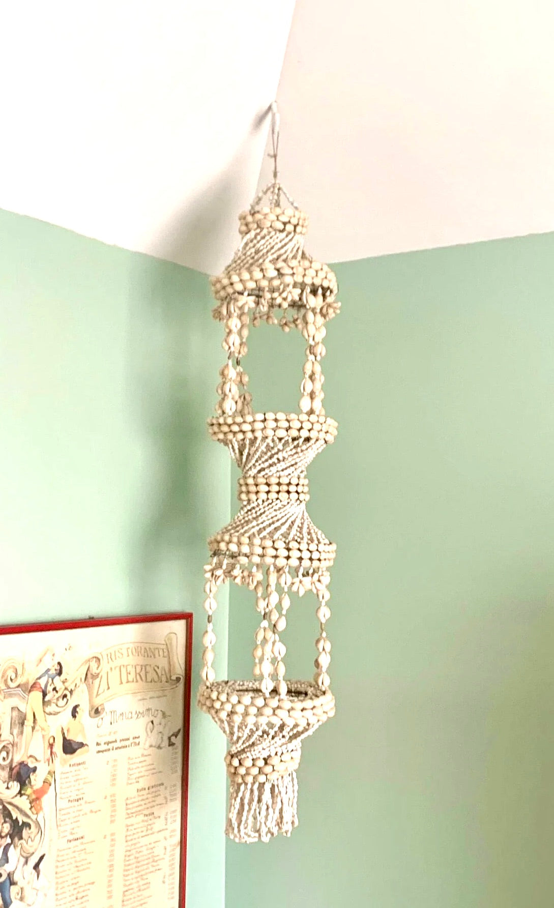 Vtg Seashell Cowrie Plant Hanger | 43" Tiered Cowrie Hanging Planter | Mid Century Seashell Cowrie Macrame Plant Holder | Boho Planter