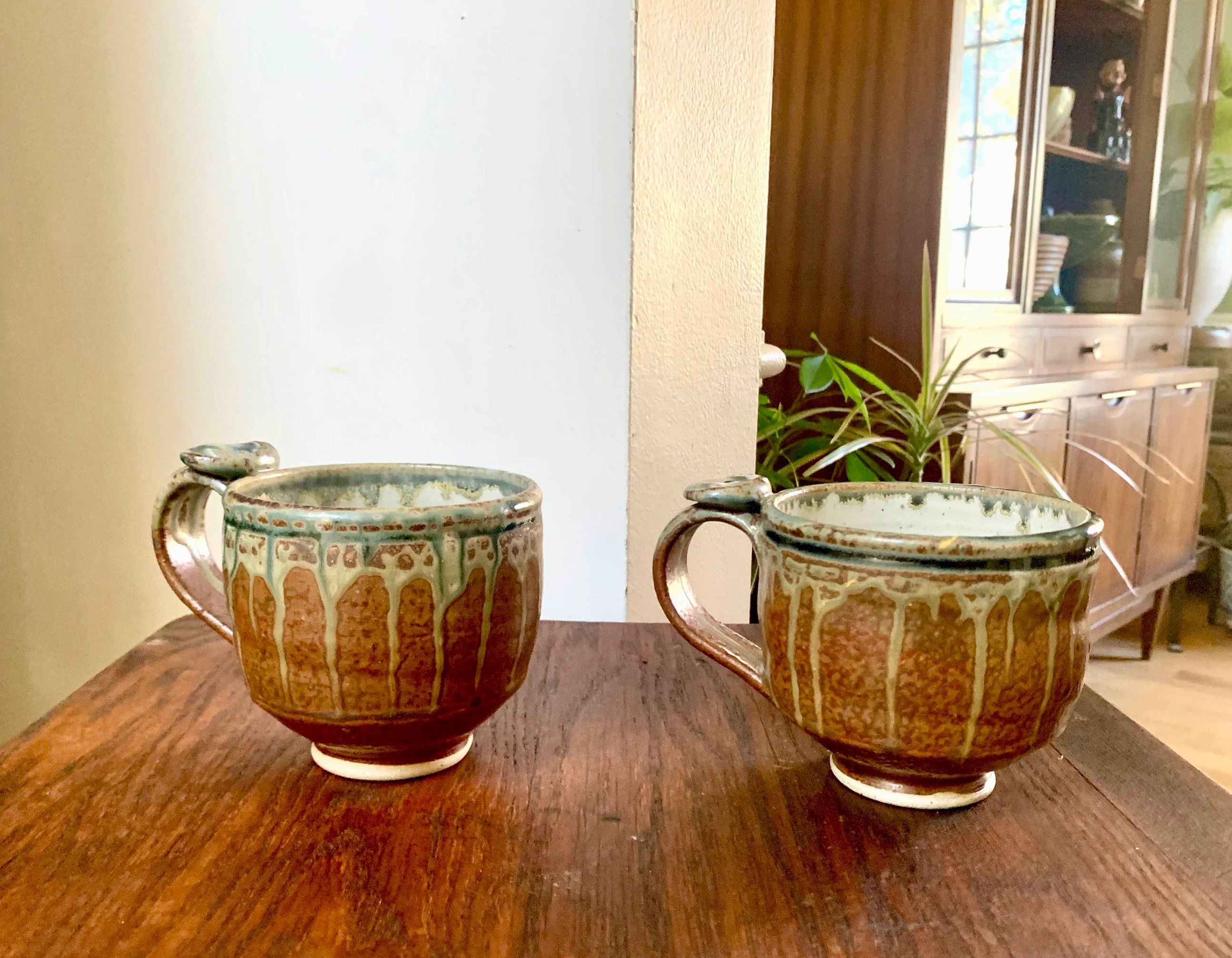 Vtg Pair Of Artisan Coffee Mugs  | Ceramic Coffee Mugs | Pottery Mugs  | Unique Glaze Coffee Mugs | Two Glazed Stoneware Cups