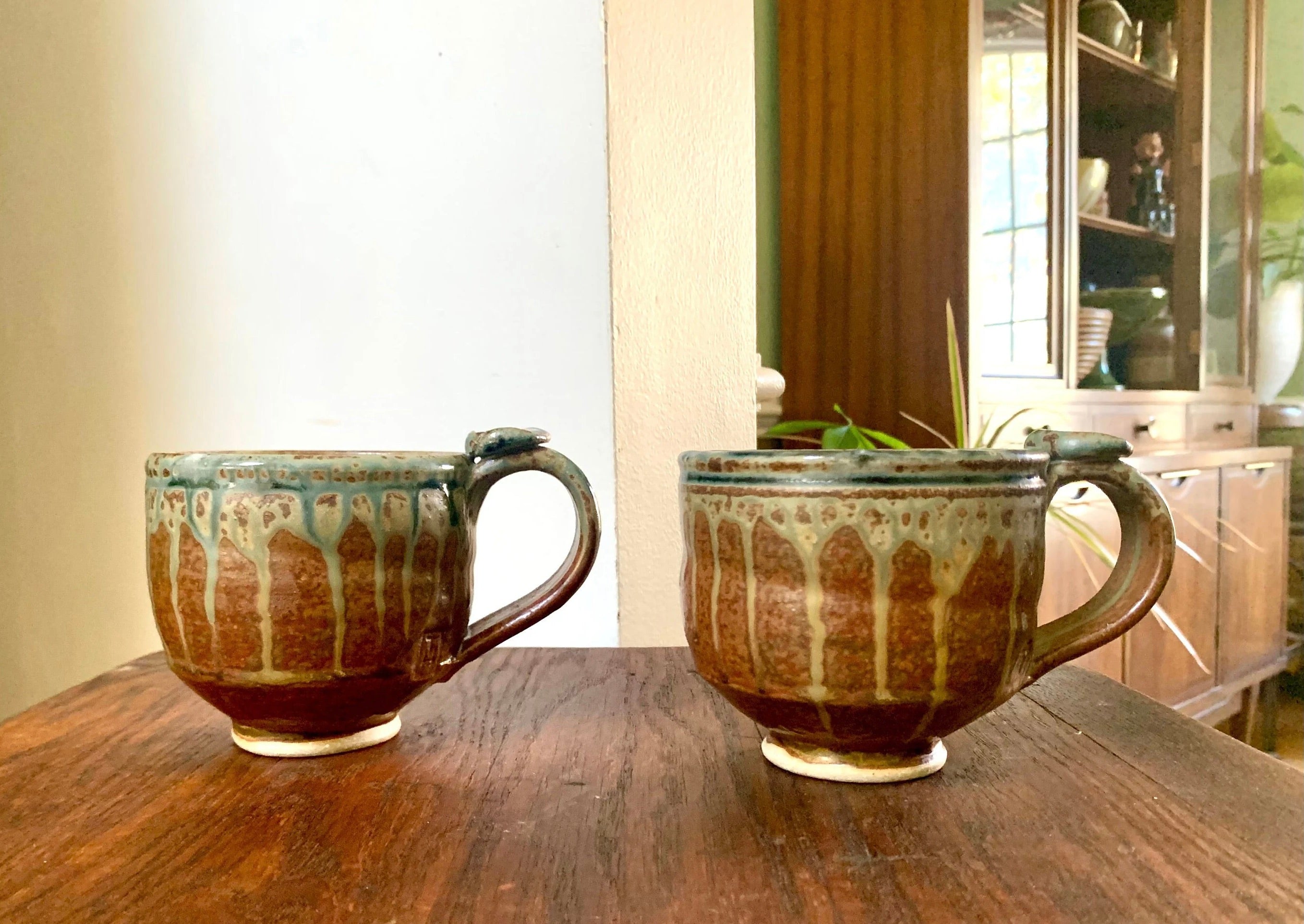 Vtg Pair Of Artisan Coffee Mugs  | Ceramic Coffee Mugs | Pottery Mugs  | Unique Glaze Coffee Mugs | Two Glazed Stoneware Cups