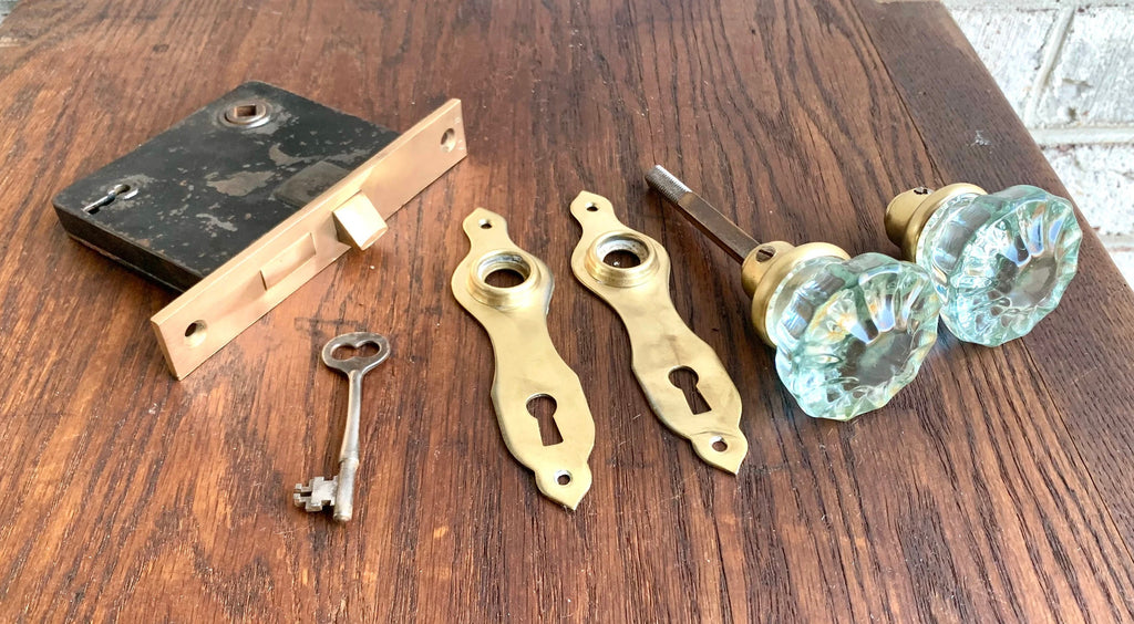 Antique Corbin Door Knobs and Lock Assembly | Complete Brass Door Knob Latch Assembly with Key | Restorer's Door Lock Assembly | Crystal Knobs