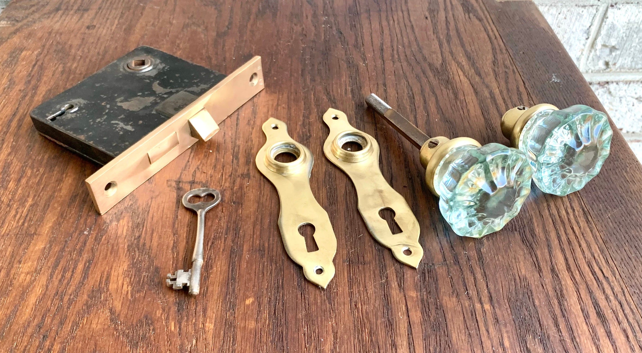 Antique Corbin Door Knobs and Lock Assembly | Complete Brass Door Knob Latch Assembly with Key | Restorer's Door Lock Assembly | Crystal Knobs