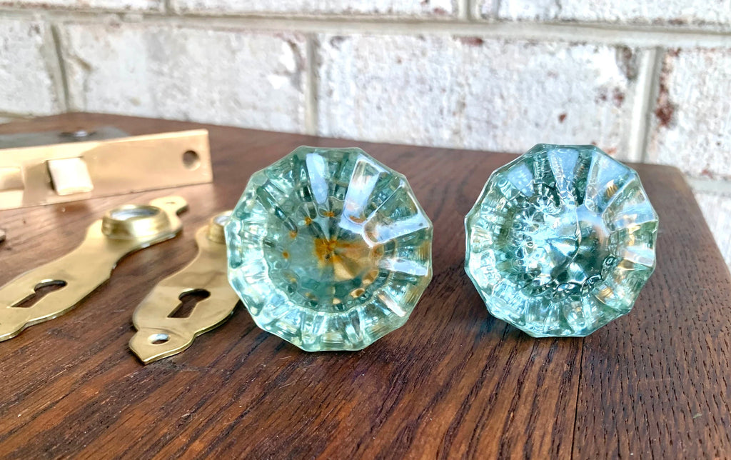 Antique Corbin Door Knobs and Lock Assembly | Complete Brass Door Knob Latch Assembly with Key | Restorer's Door Lock Assembly | Crystal Knobs