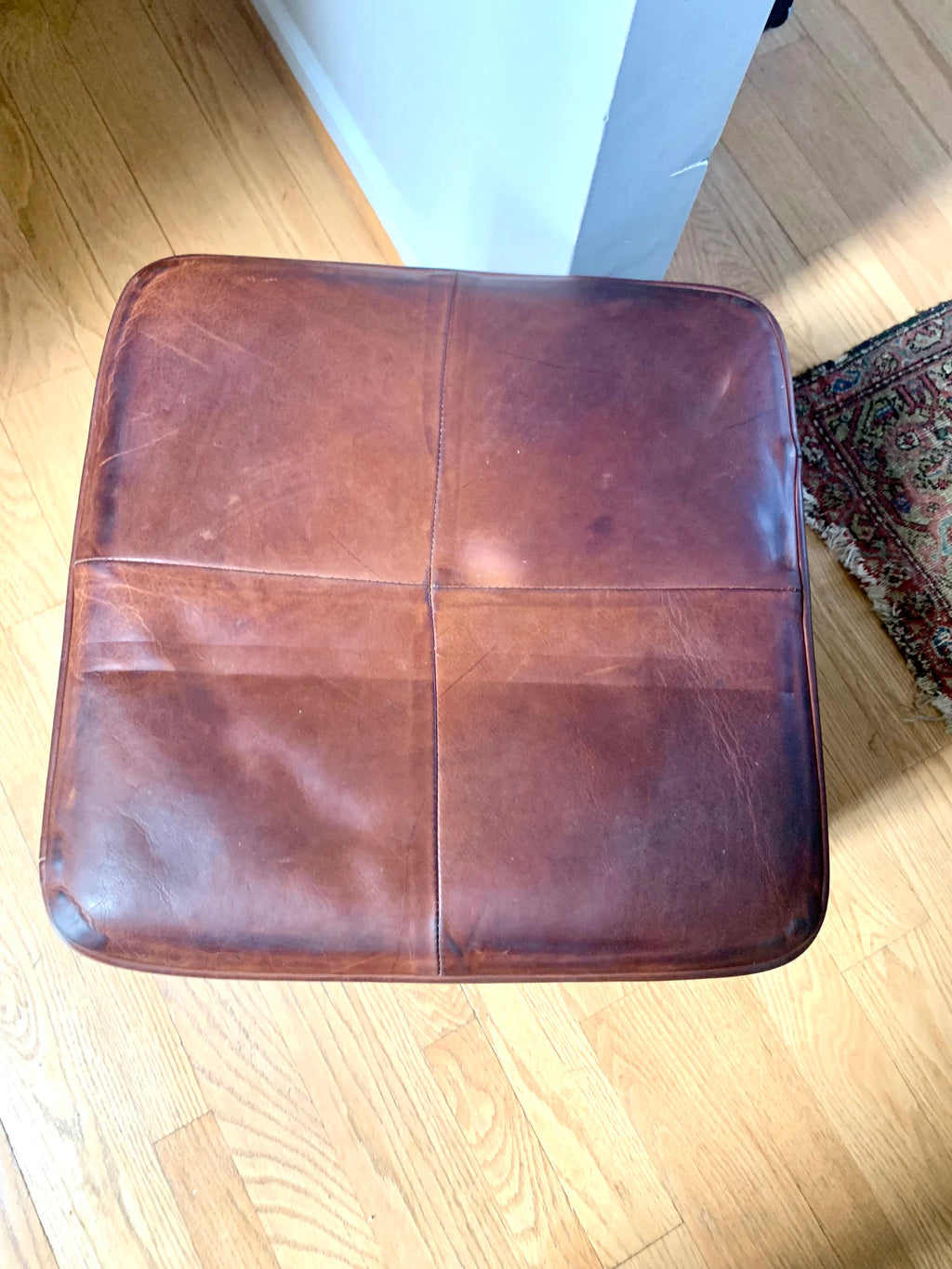 MCM Genuine Leather Ottoman | Square Leather Footrest | MCM Leather Ottoman | Leather Footstool | Rustic Leather Patch Footrest