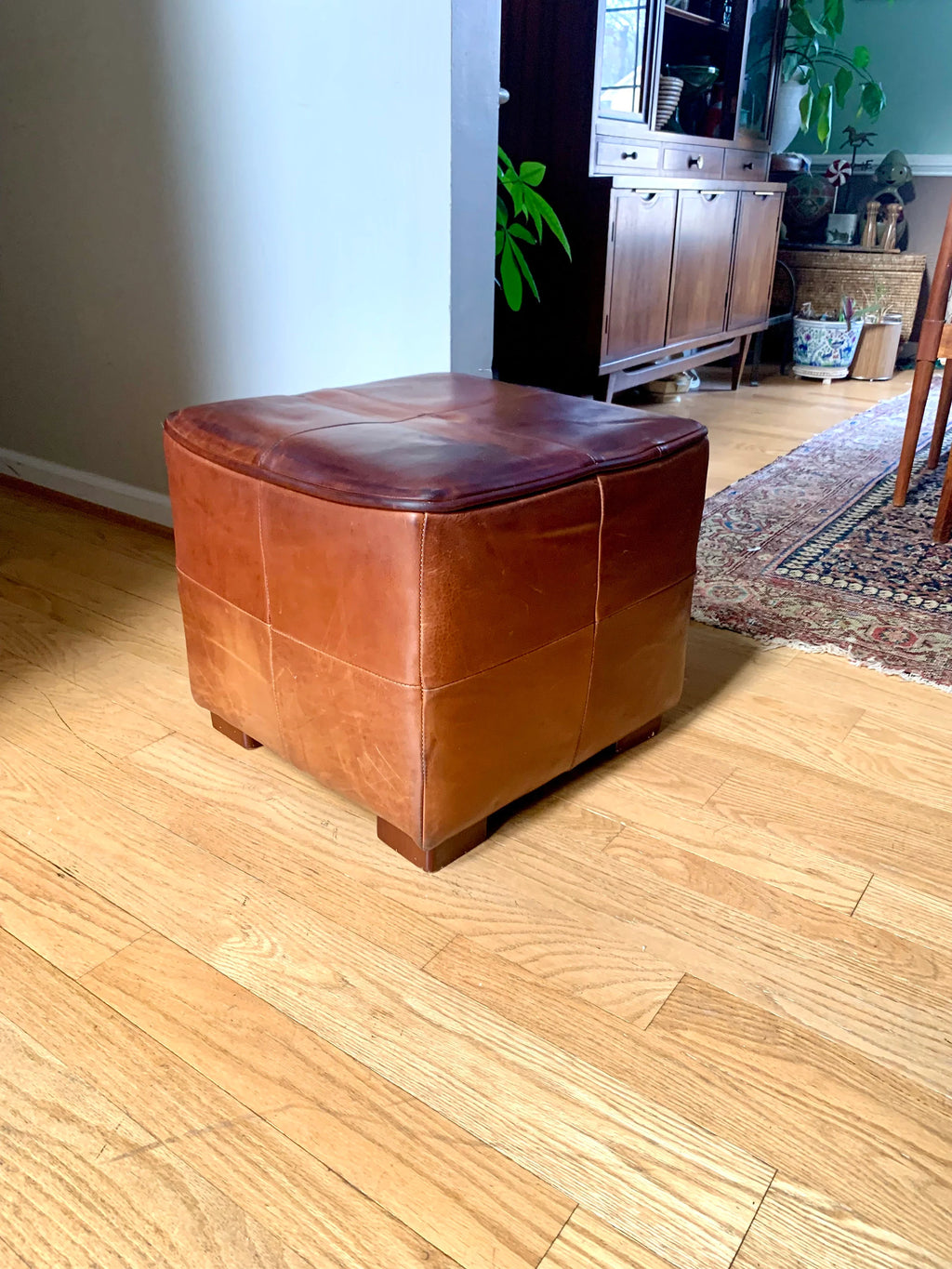 MCM Genuine Leather Ottoman | Square Leather Footrest | MCM Leather Ottoman | Leather Footstool | Rustic Leather Patch Footrest