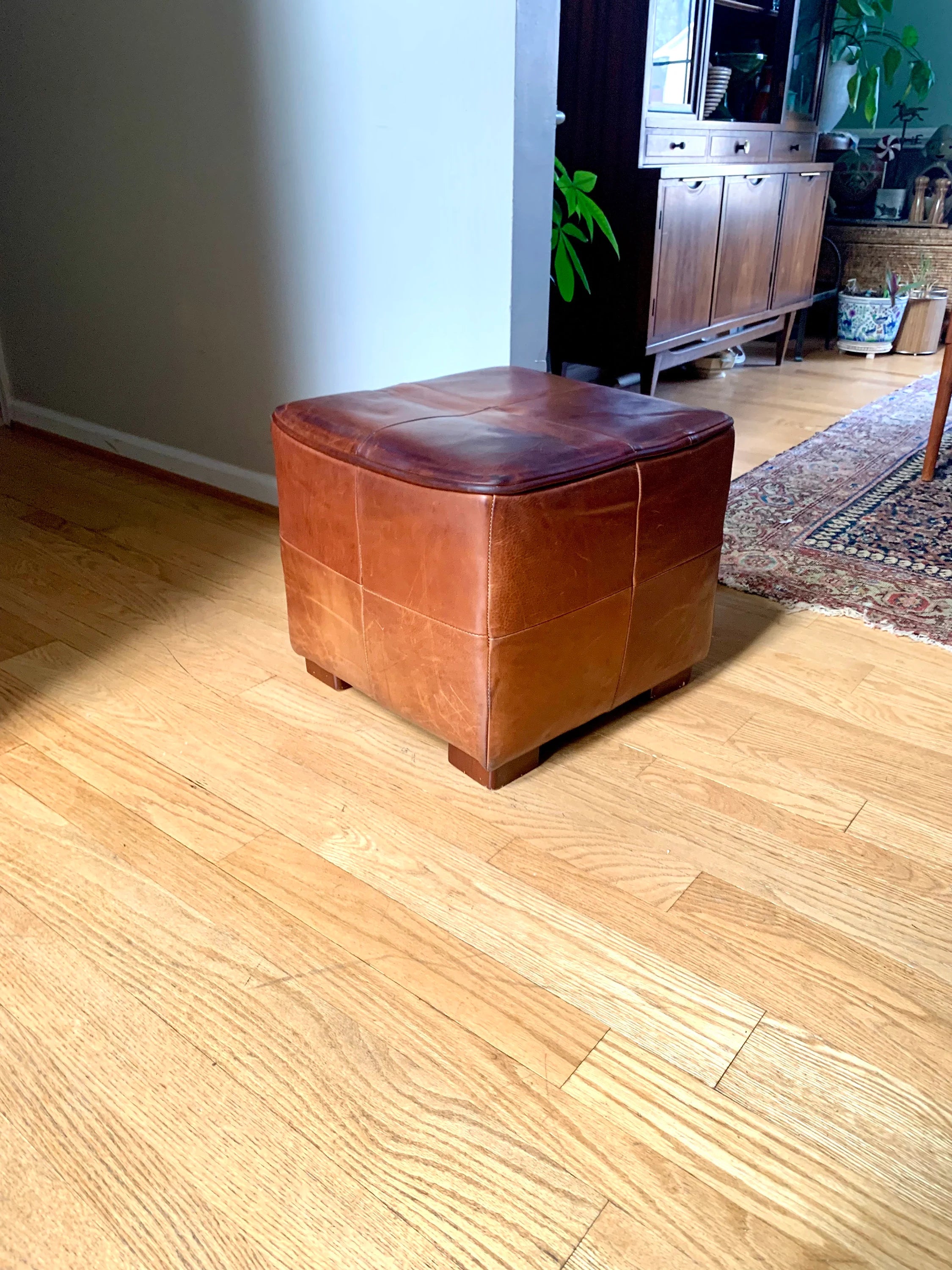 MCM Genuine Leather Ottoman | Square Leather Footrest | MCM Leather Ottoman | Leather Footstool | Rustic Leather Patch Footrest