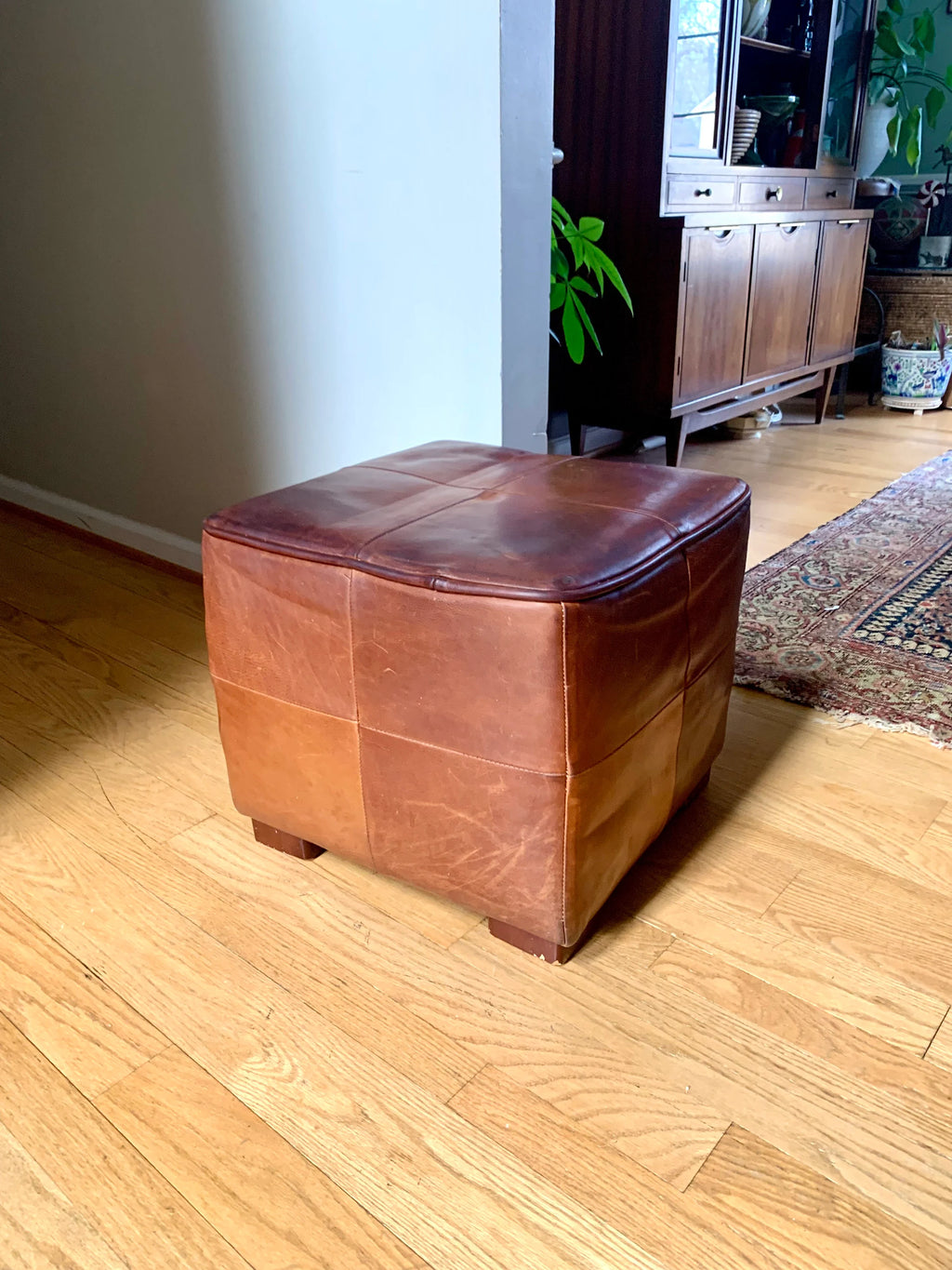 MCM Genuine Leather Ottoman | Square Leather Footrest | MCM Leather Ottoman | Leather Footstool | Rustic Leather Patch Footrest