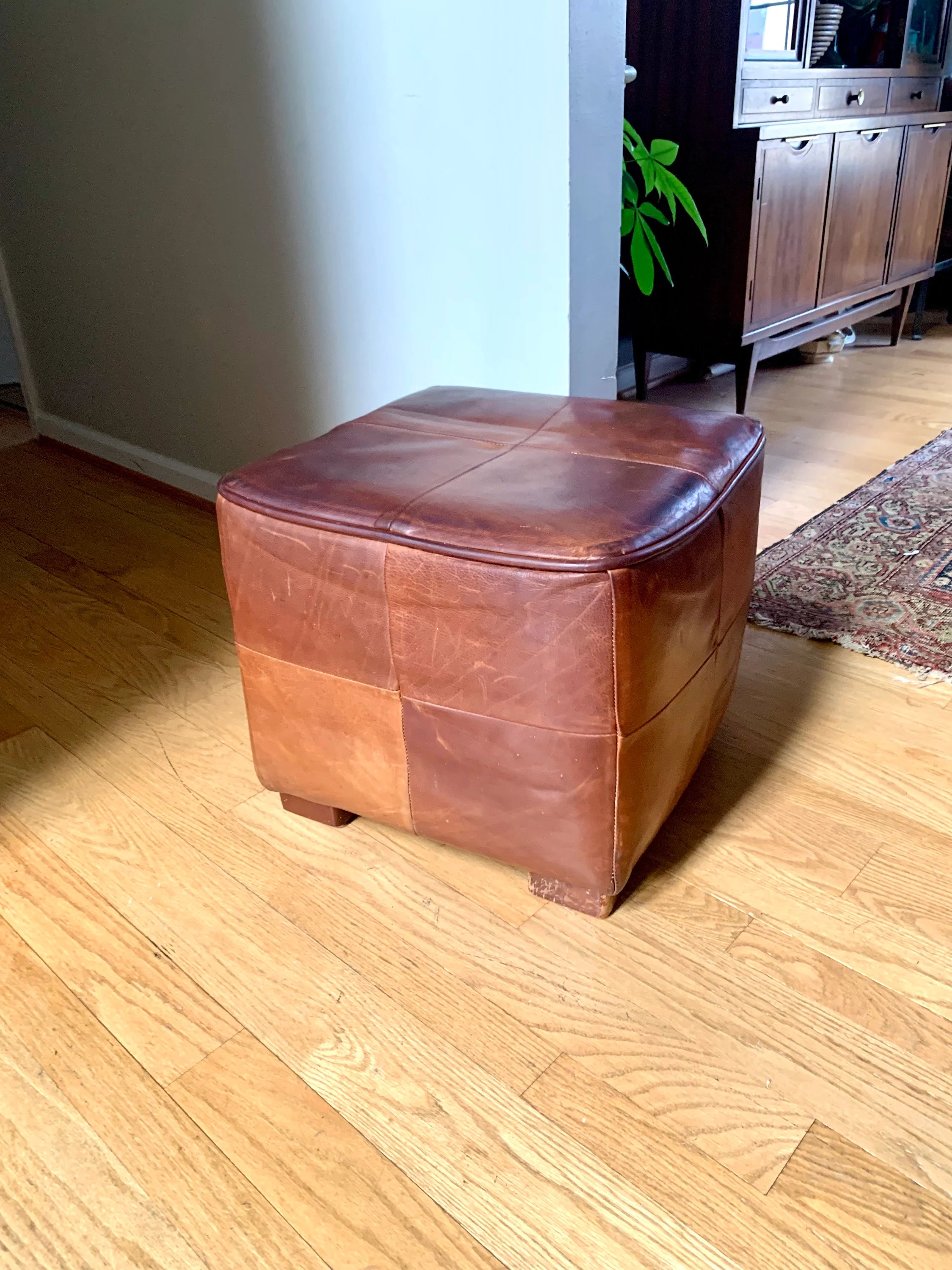 MCM Genuine Leather Ottoman | Square Leather Footrest | MCM Leather Ottoman | Leather Footstool | Rustic Leather Patch Footrest