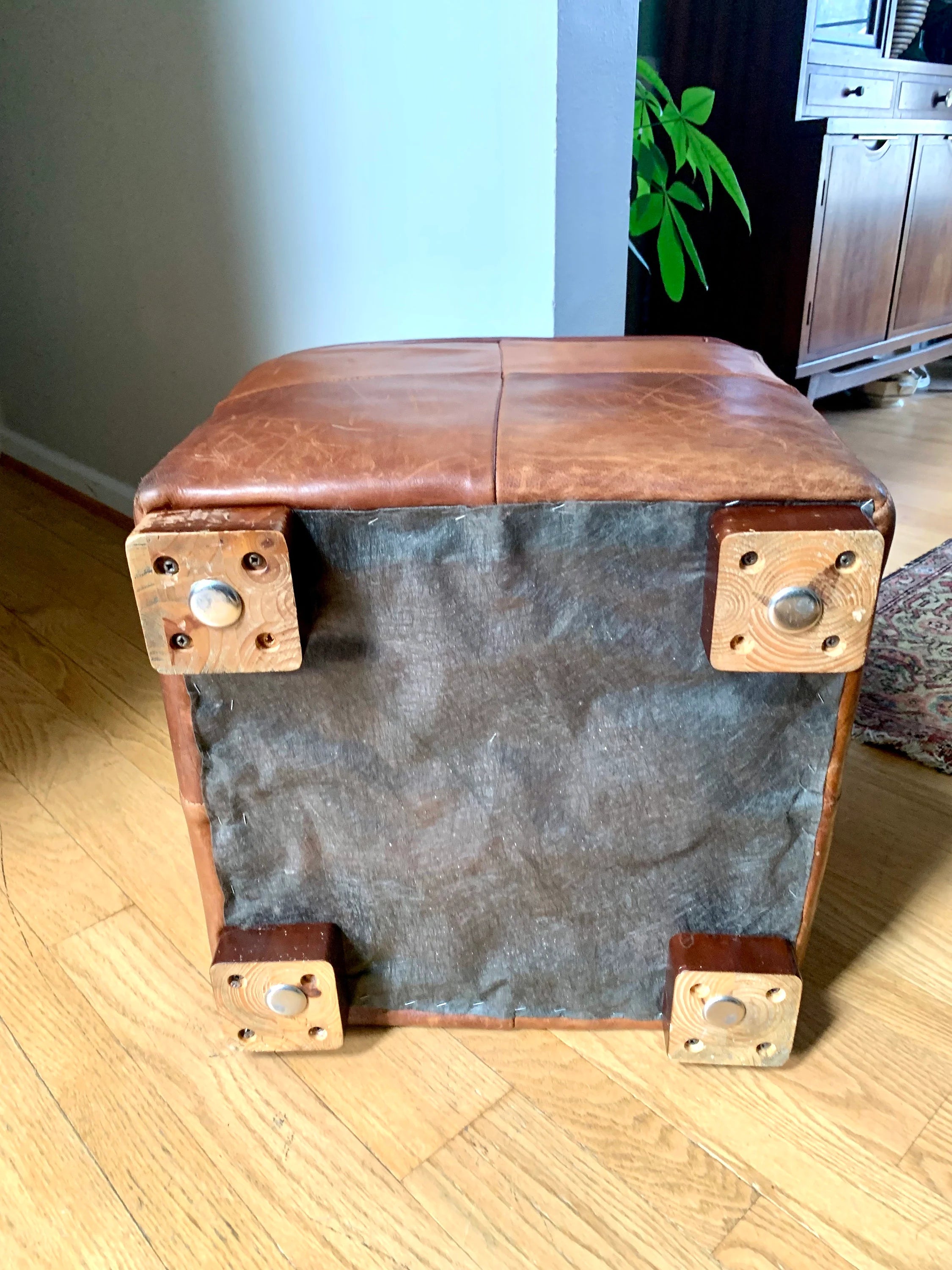 MCM Genuine Leather Ottoman | Square Leather Footrest | MCM Leather Ottoman | Leather Footstool | Rustic Leather Patch Footrest