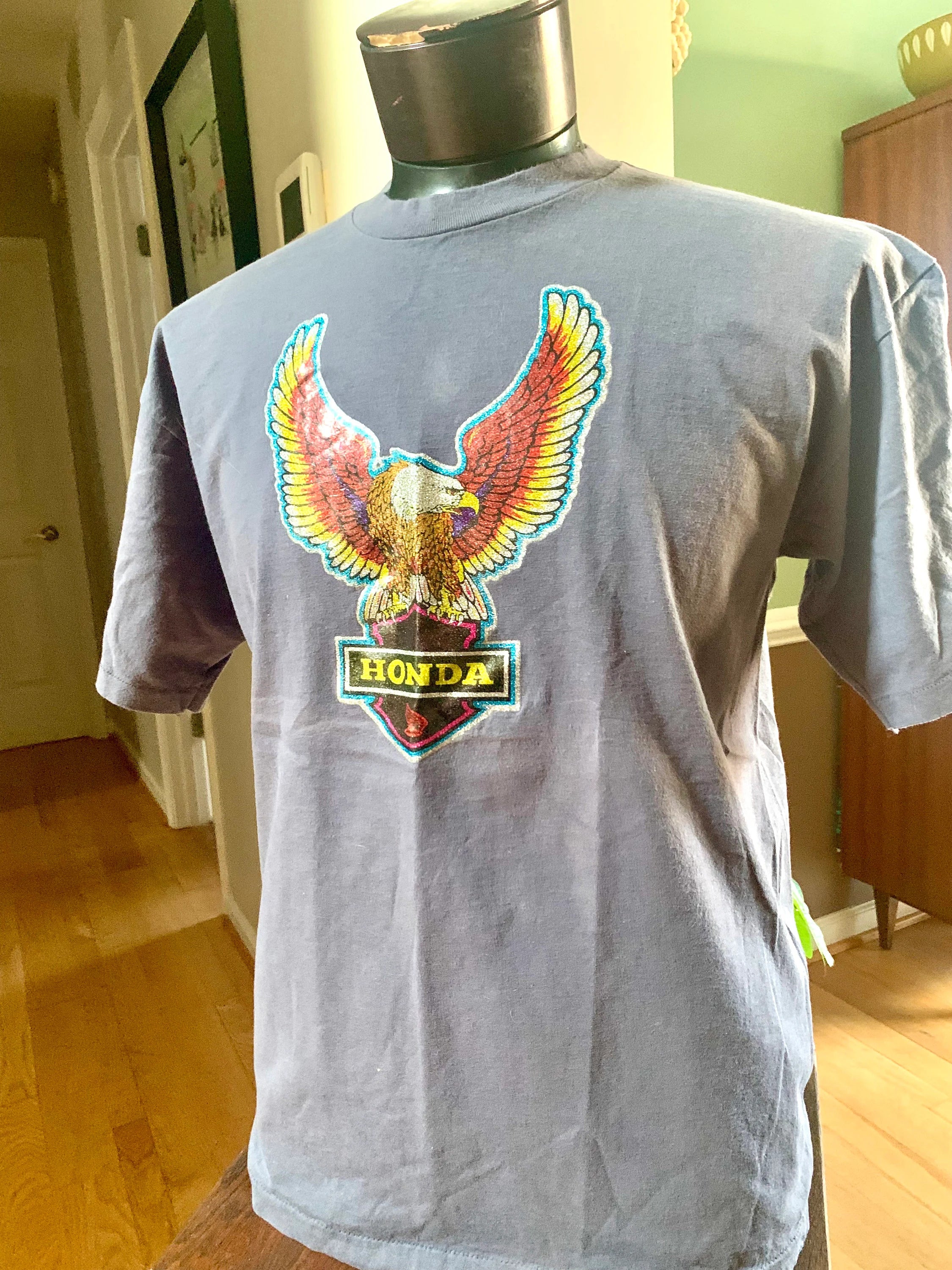 Vtg Honda Single Stitch T-shirt | Sparkle Eagle Honda Shield T-Shirt | Honda Apparel T-Shirt | Gray Honda T-shirt | XL Honda Bald Eagle