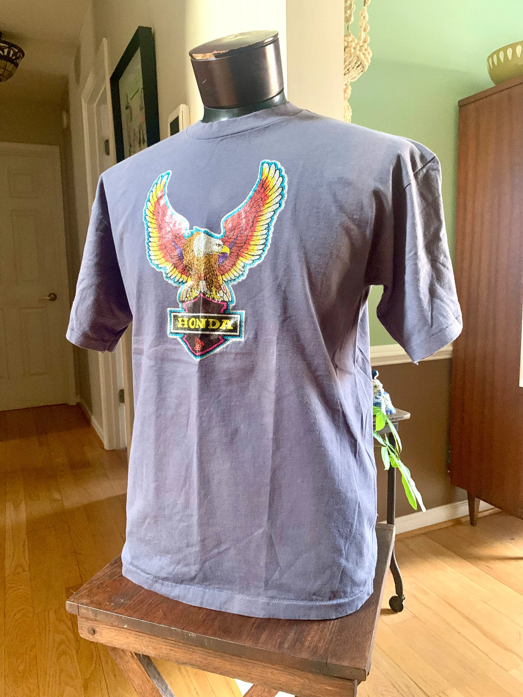 Vtg Honda Single Stitch T-shirt | Sparkle Eagle Honda Shield T-Shirt | Honda Apparel T-Shirt | Gray Honda T-shirt | XL Honda Bald Eagle