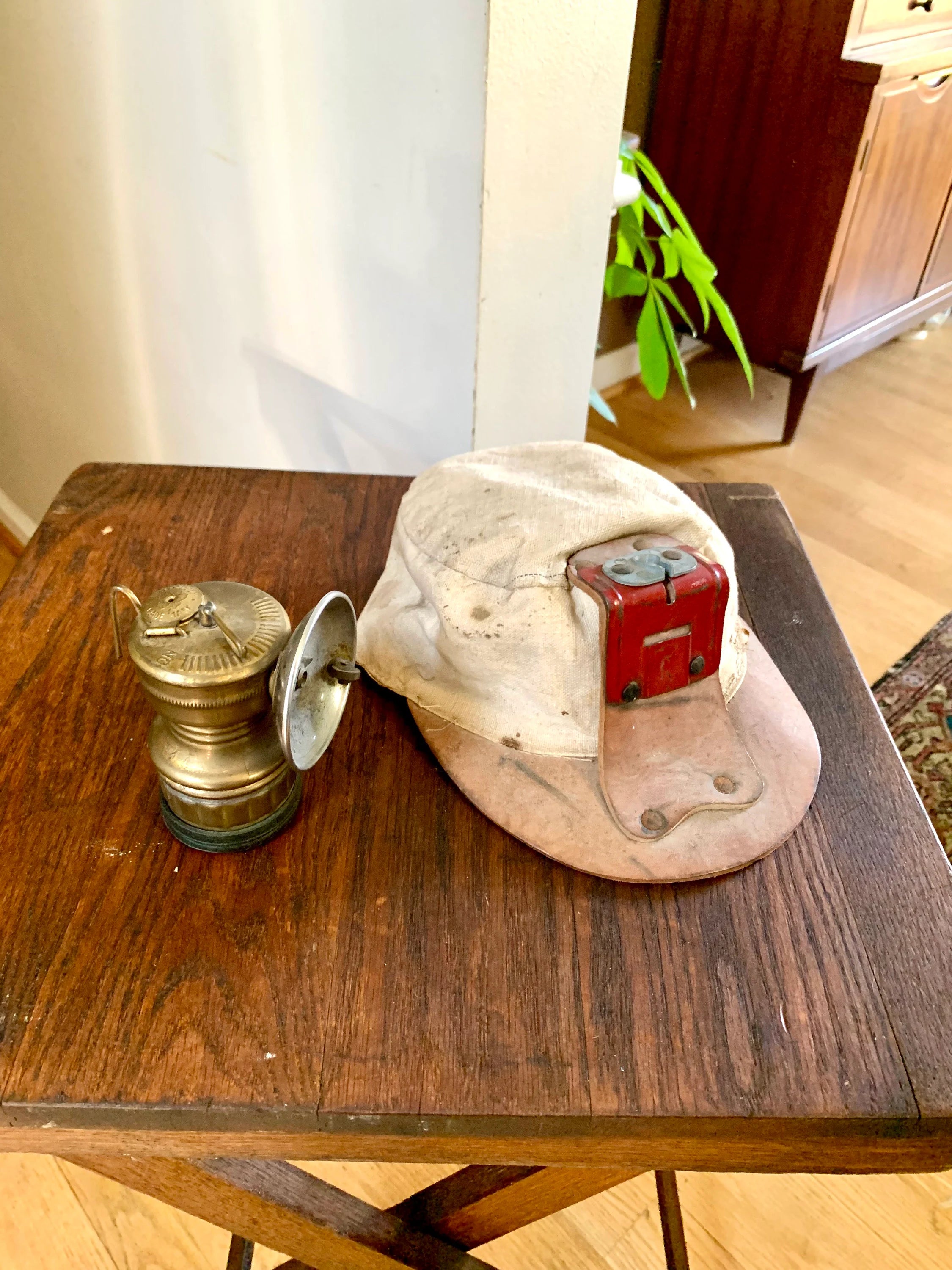 Vtg Butterfly Carbide Coal Miners Lamp with Hat | Brass Carbide Coal Miners Headlamp | Coal Miners Hat with Lamp | Original Miners Cap
