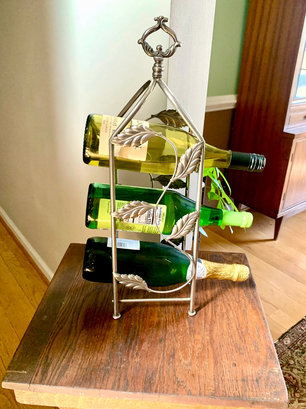 Vtg Stainless Steel Wine Rack | 3 Bottle Wine Rack| Metal Counter Wine Rack| Leaf Design Wine Rack| Metal Wine Storage | Vine Wine Rack