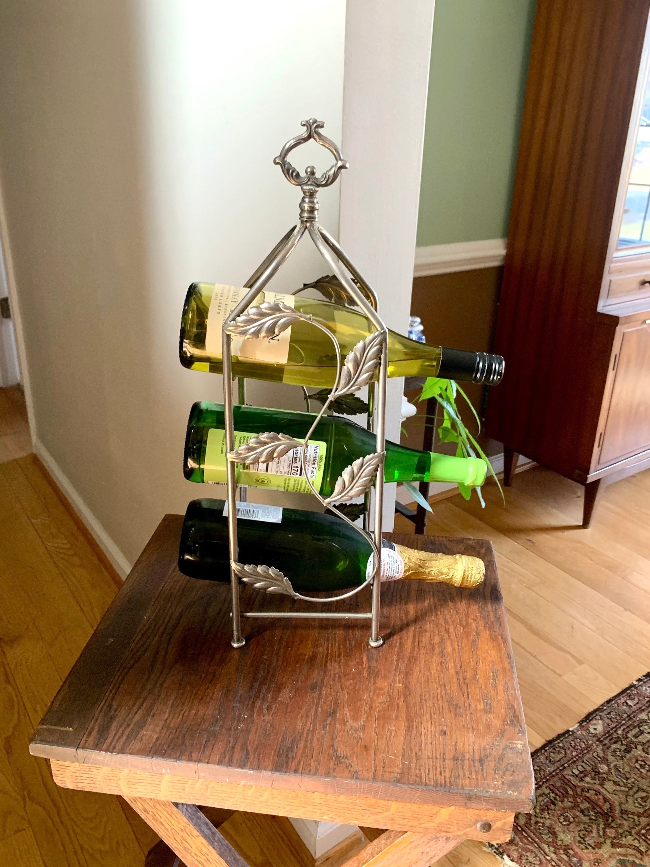 Vtg Stainless Steel Wine Rack | 3 Bottle Wine Rack| Metal Counter Wine Rack| Leaf Design Wine Rack| Metal Wine Storage | Vine Wine Rack