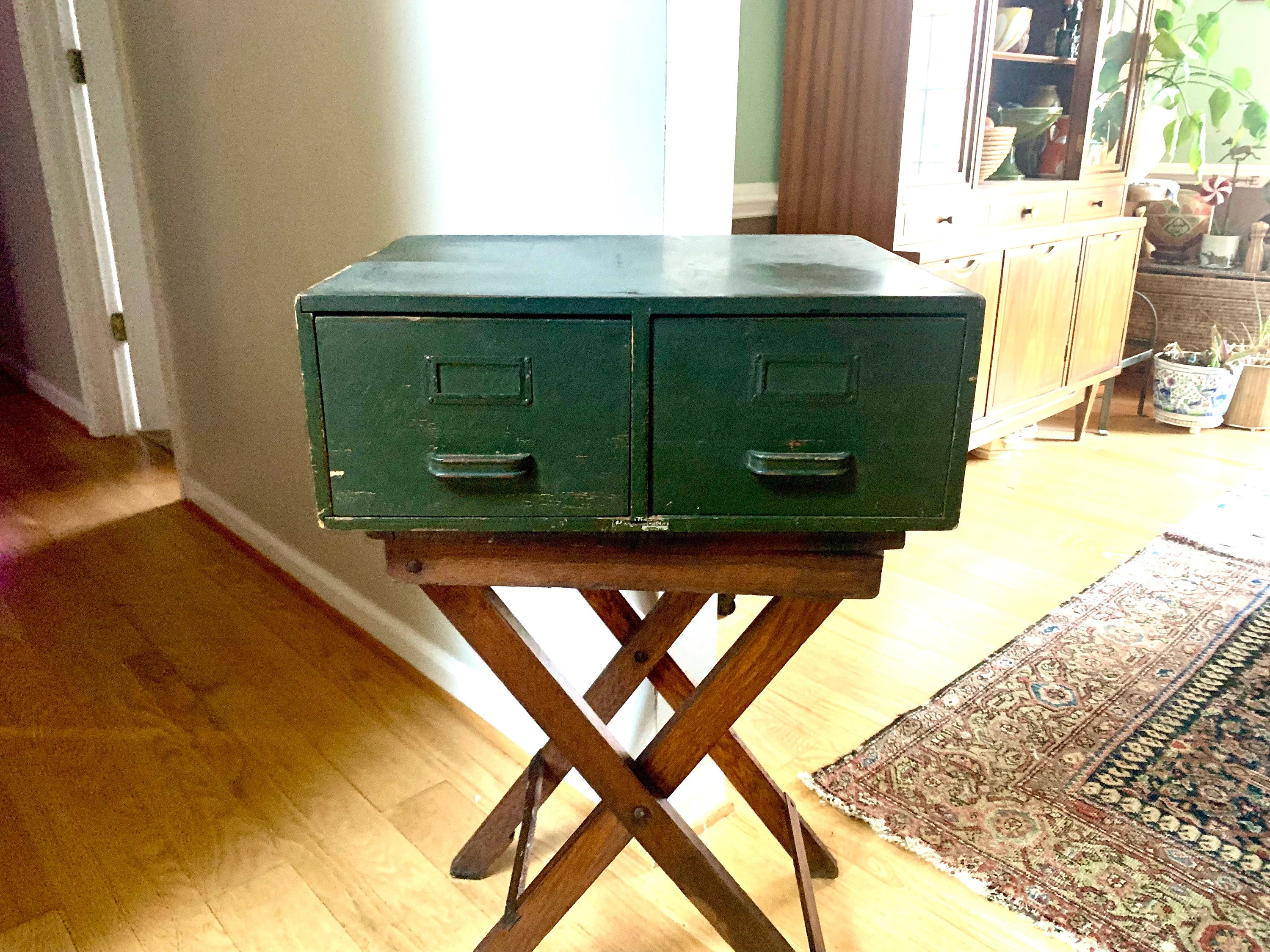 Vtg Wooden Green Card Catalog | Wood Card Catalog Cabinet | Rustic Storage | 2 Drawer Cabinet | Library Card Catalog | Office Decor