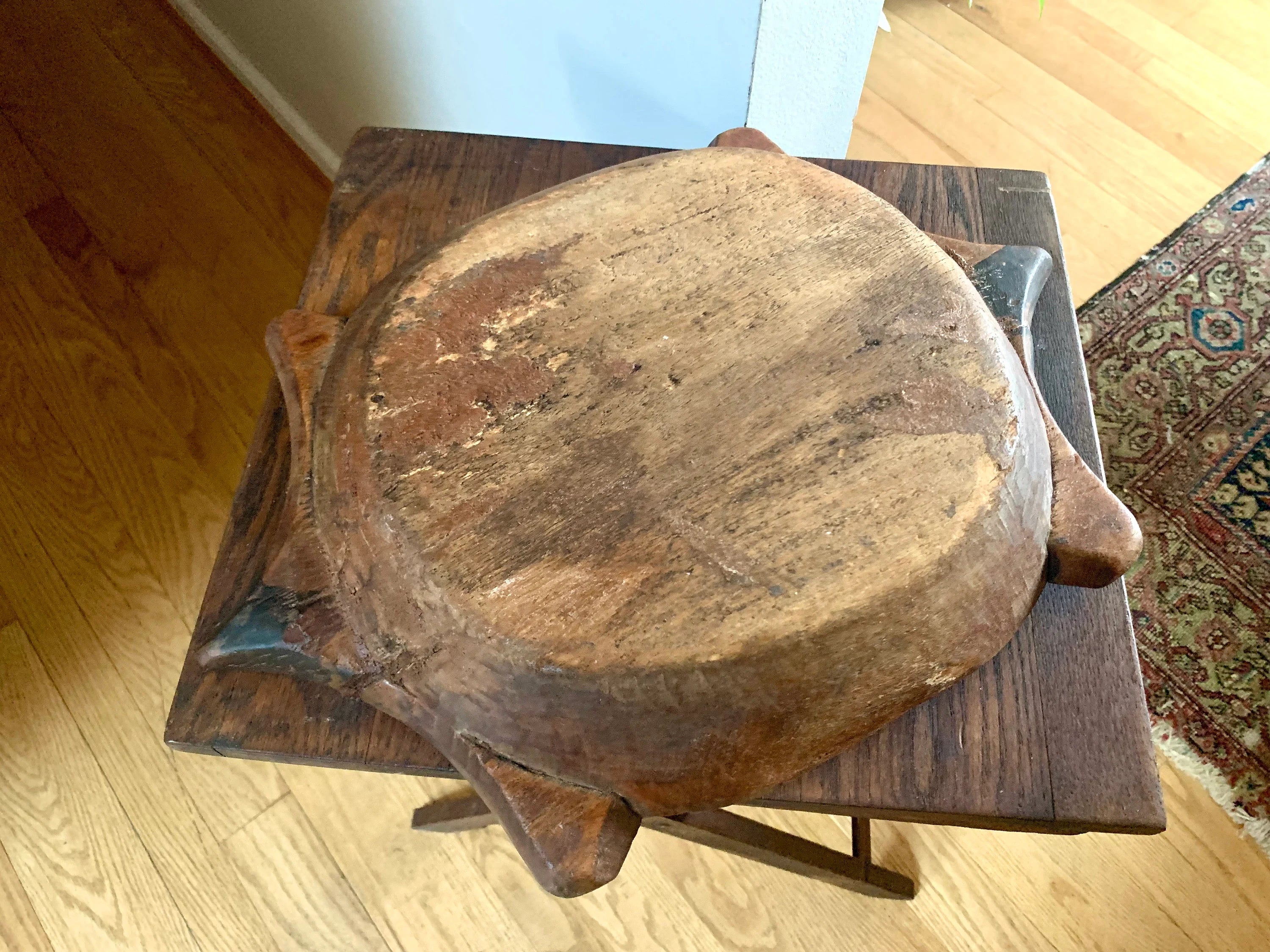 Antique Wooden Carved Chapati Bowl | Hand Carved Flat Bread Bowl | Wood Indian Bread Bowl | Tortoise Shaped Wood Dough Bowl | Primitive Bowl
