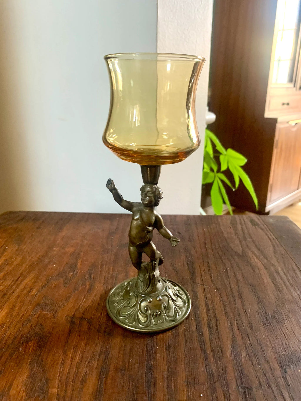 Vtg Cherub Statue Candle Holder | Brass Votive Candle Holders | Amber Glass Cherub Candle Holder | Brass Cherub Angel Candleholder