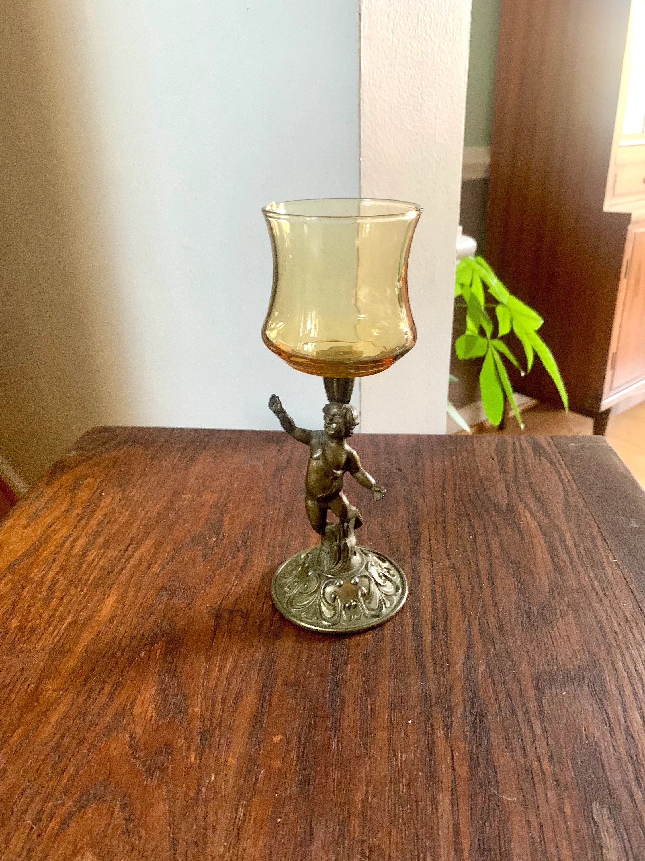 Vtg Cherub Statue Candle Holder | Brass Votive Candle Holders | Amber Glass Cherub Candle Holder | Brass Cherub Angel Candleholder