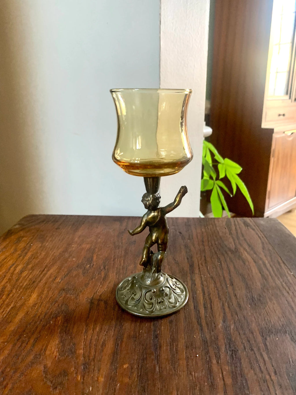 Vtg Cherub Statue Candle Holder | Brass Votive Candle Holders | Amber Glass Cherub Candle Holder | Brass Cherub Angel Candleholder