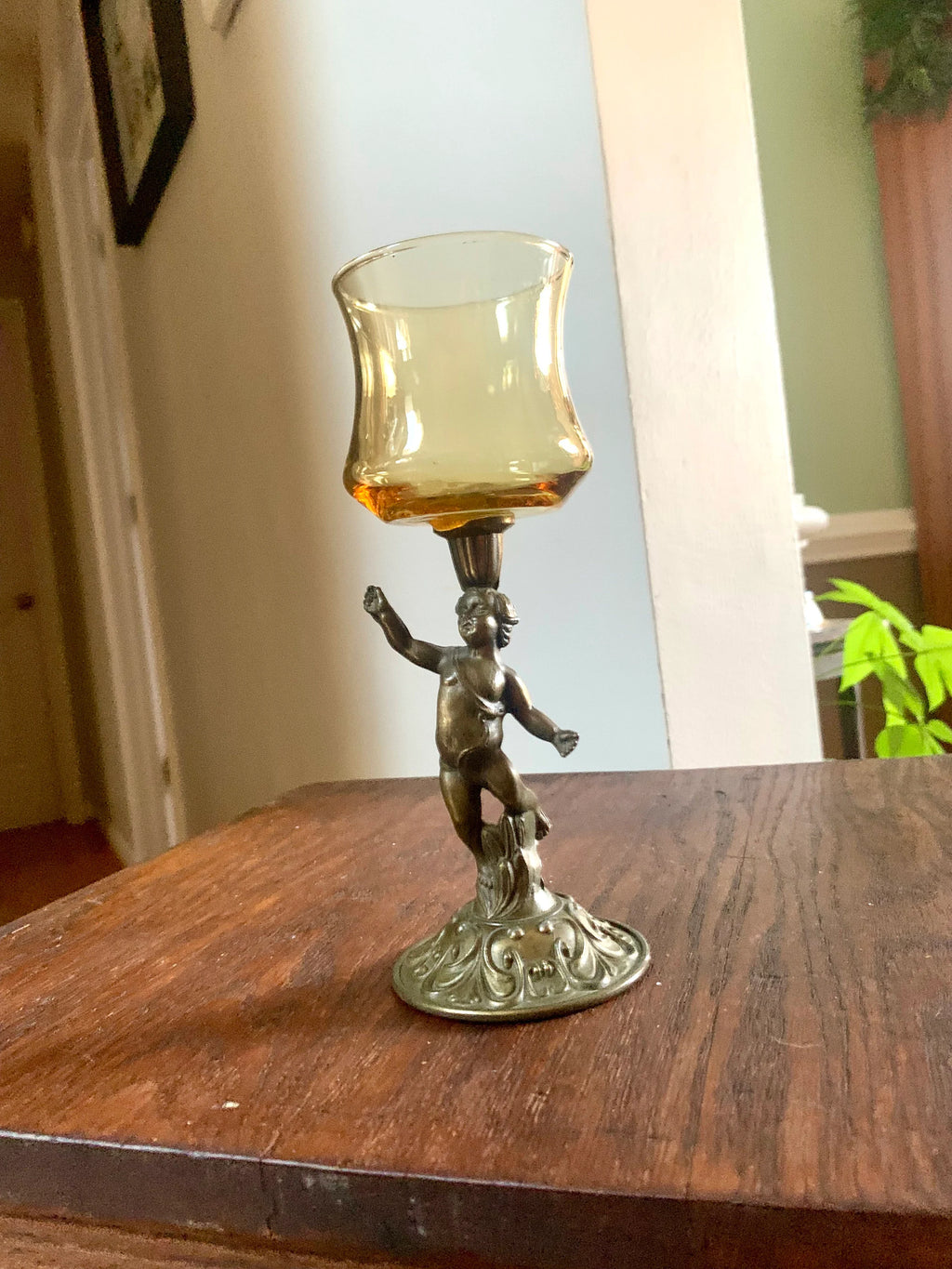Vtg Cherub Statue Candle Holder | Brass Votive Candle Holders | Amber Glass Cherub Candle Holder | Brass Cherub Angel Candleholder