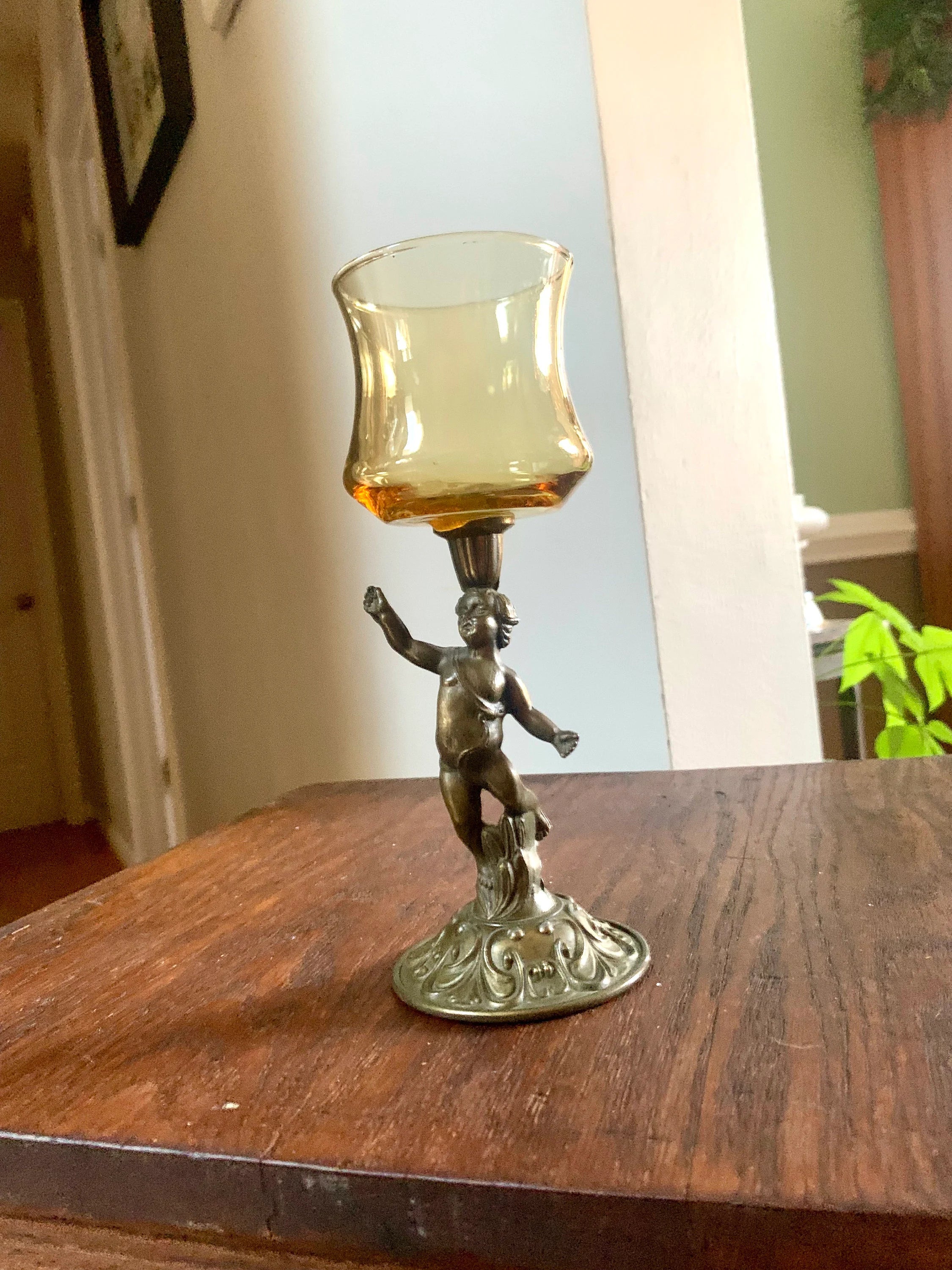 Vtg Cherub Statue Candle Holder | Brass Votive Candle Holders | Amber Glass Cherub Candle Holder | Brass Cherub Angel Candleholder