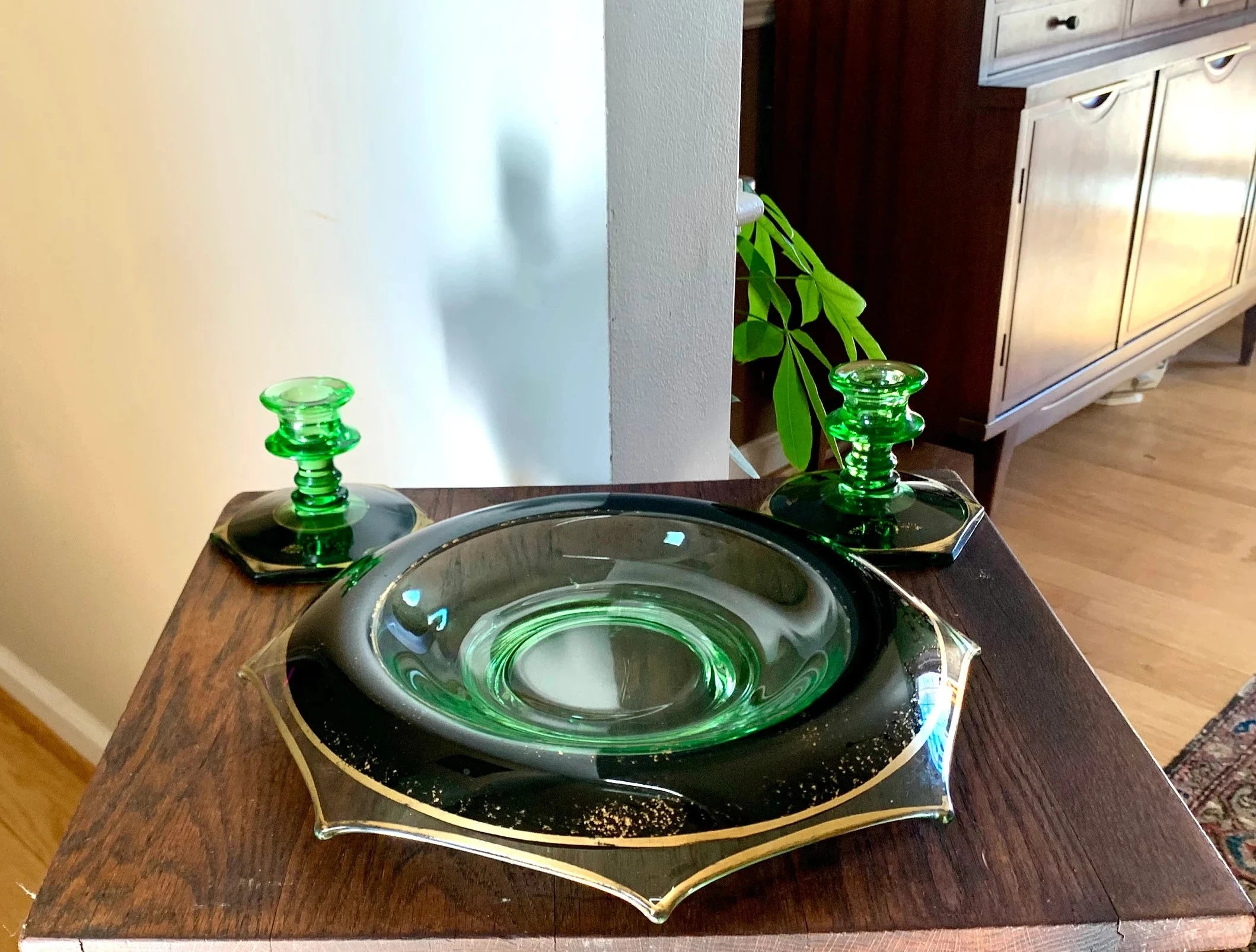 Vtg Green Depression Glass Bowl and Candle Holders | Uranium Glass Rolled Edge Dish and Candlestick Holders | Green Glass Centerpiece