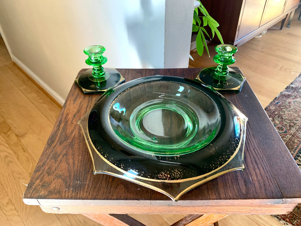 Vtg Green Depression Glass Bowl and Candle Holders | Uranium Glass Rolled Edge Dish and Candlestick Holders | Green Glass Centerpiece