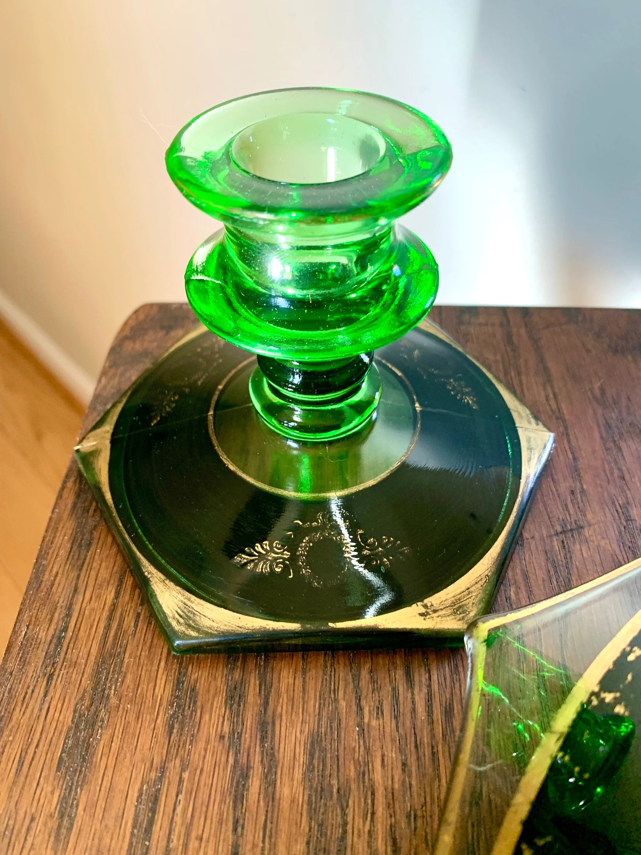Vtg Green Depression Glass Bowl and Candle Holders | Uranium Glass Rolled Edge Dish and Candlestick Holders | Green Glass Centerpiece