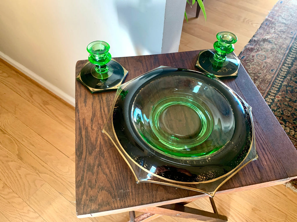Vtg Green Depression Glass Bowl and Candle Holders | Uranium Glass Rolled Edge Dish and Candlestick Holders | Green Glass Centerpiece
