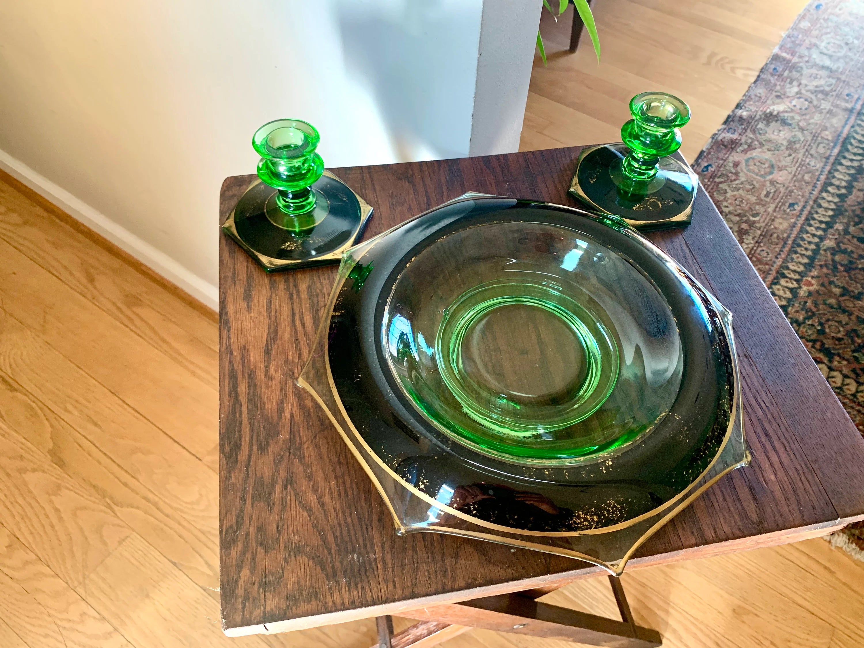 Vtg Green Depression Glass Bowl and Candle Holders | Uranium Glass Rolled Edge Dish and Candlestick Holders | Green Glass Centerpiece