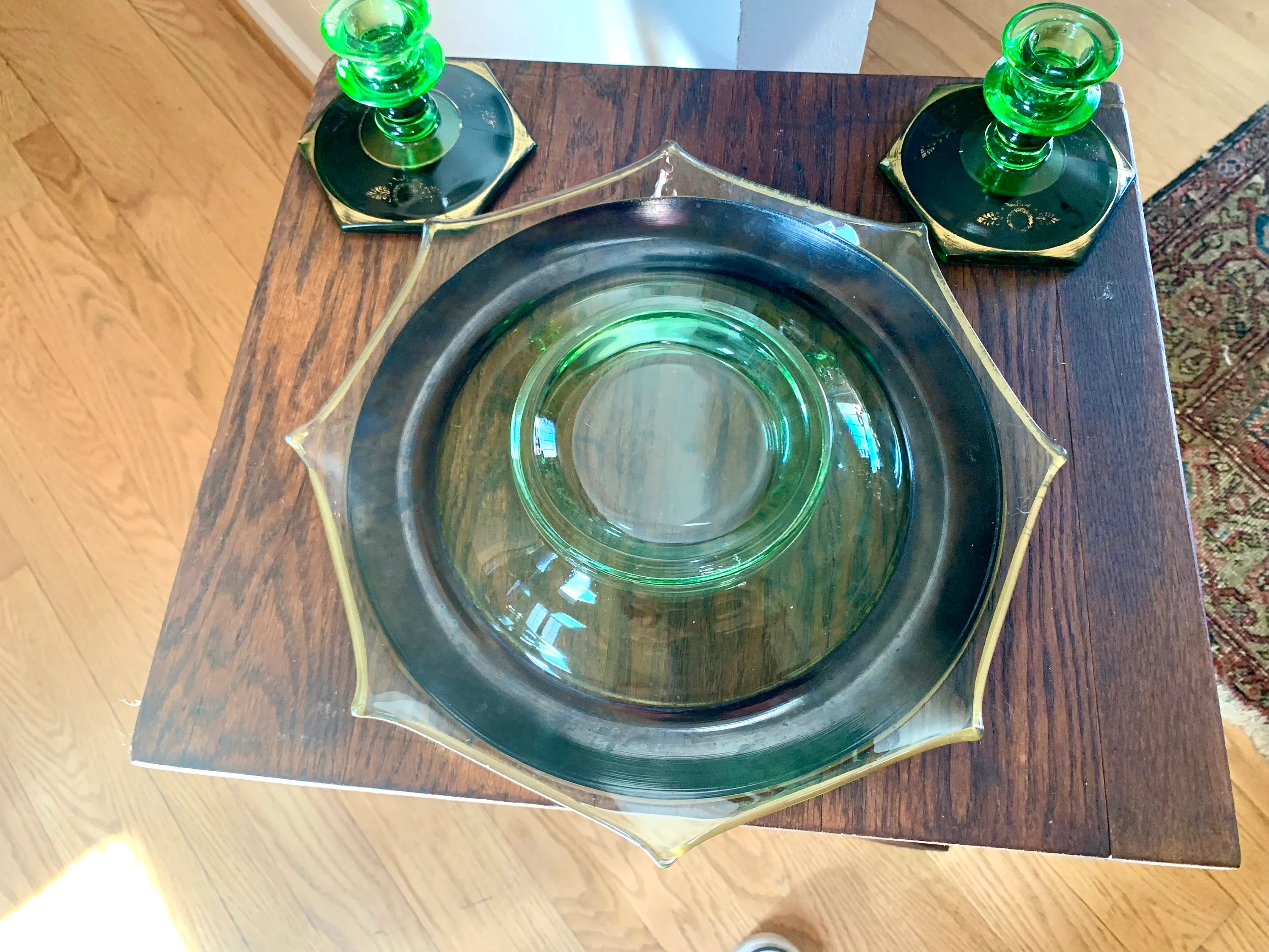 Vtg Green Depression Glass Bowl and Candle Holders | Uranium Glass Rolled Edge Dish and Candlestick Holders | Green Glass Centerpiece
