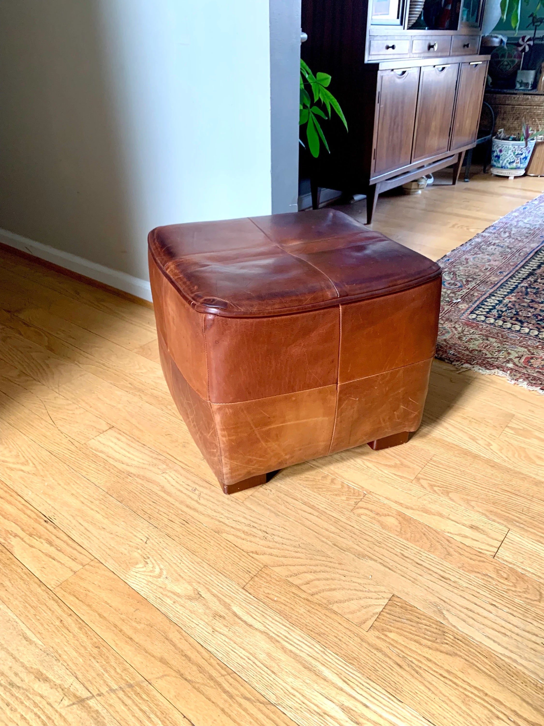 MCM Genuine Leather Ottoman | Square Leather Footrest | MCM Leather Ottoman | Leather Footstool | Rustic Leather Patch Footrest