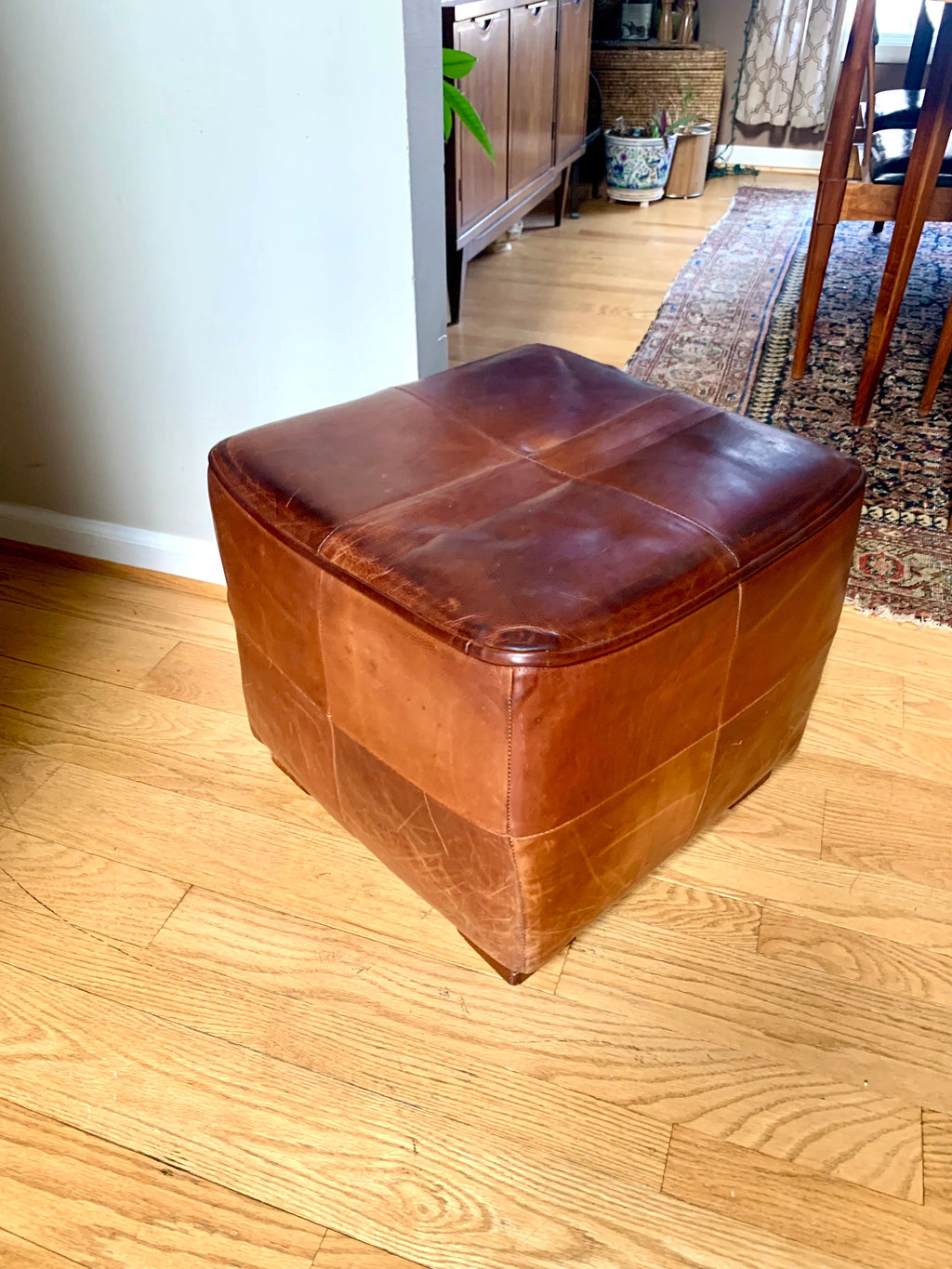 MCM Genuine Leather Ottoman | Square Leather Footrest | MCM Leather Ottoman | Leather Footstool | Rustic Leather Patch Footrest