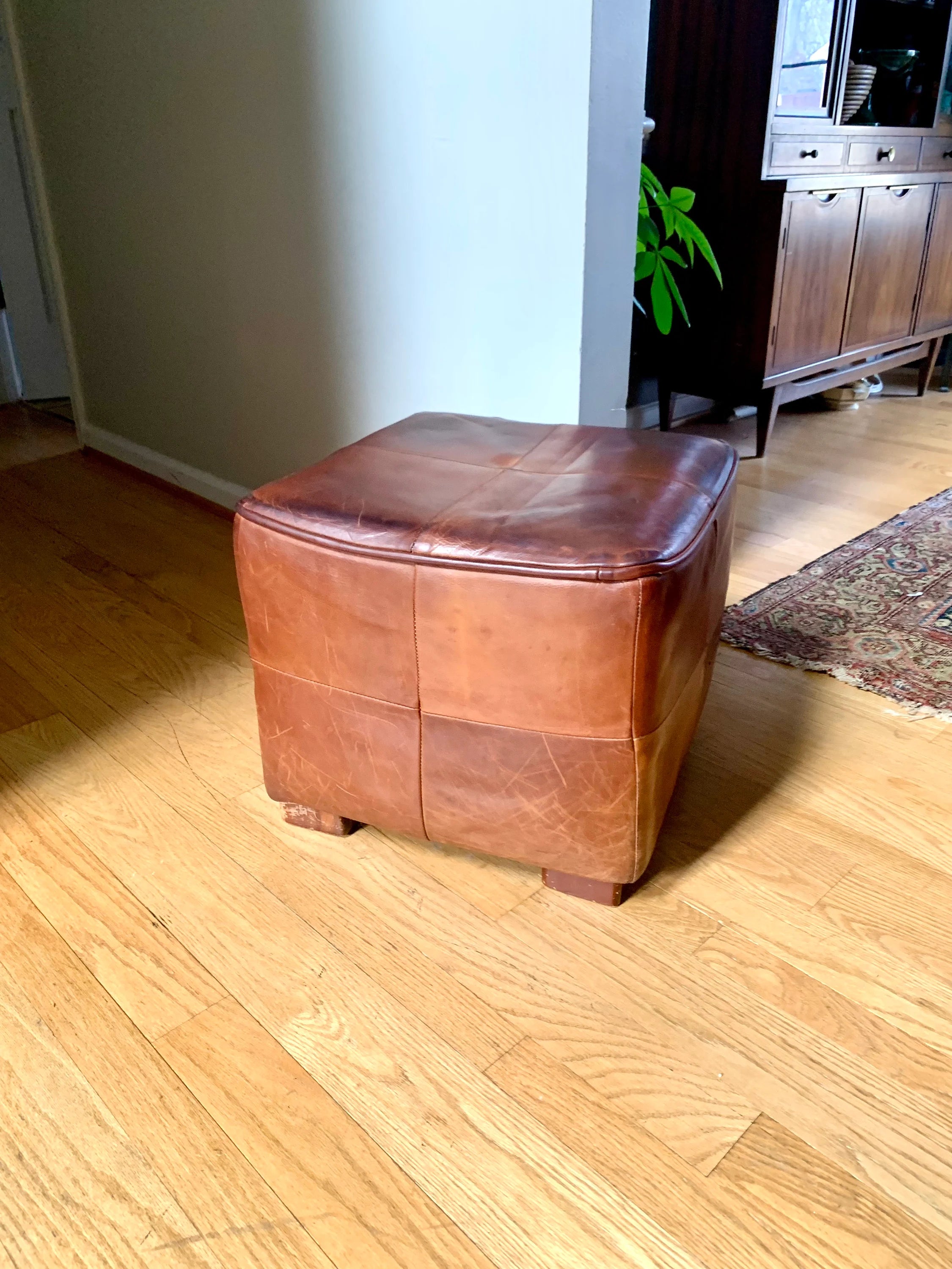 MCM Genuine Leather Ottoman | Square Leather Footrest | MCM Leather Ottoman | Leather Footstool | Rustic Leather Patch Footrest